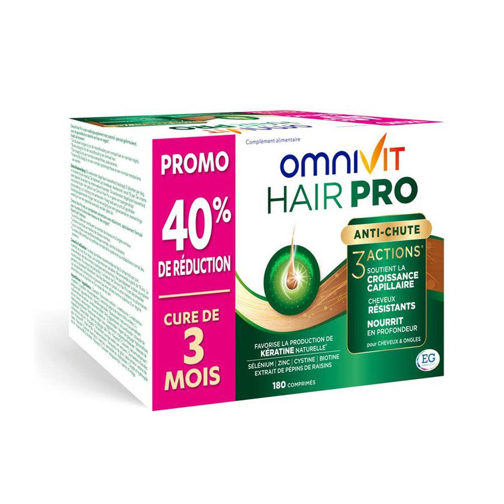 Omnivit Hair Pro boîte de 180 comprimés, promo -40%, cure de 3 mois.