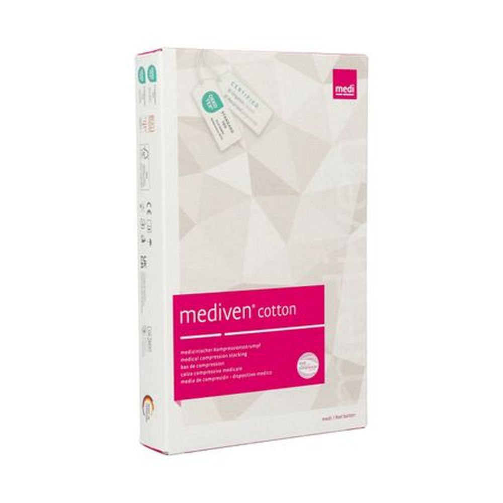 Vue de face de l'emballage mediven® cotton. Boîte blanche avec accents roses et informations. Logo Medi.