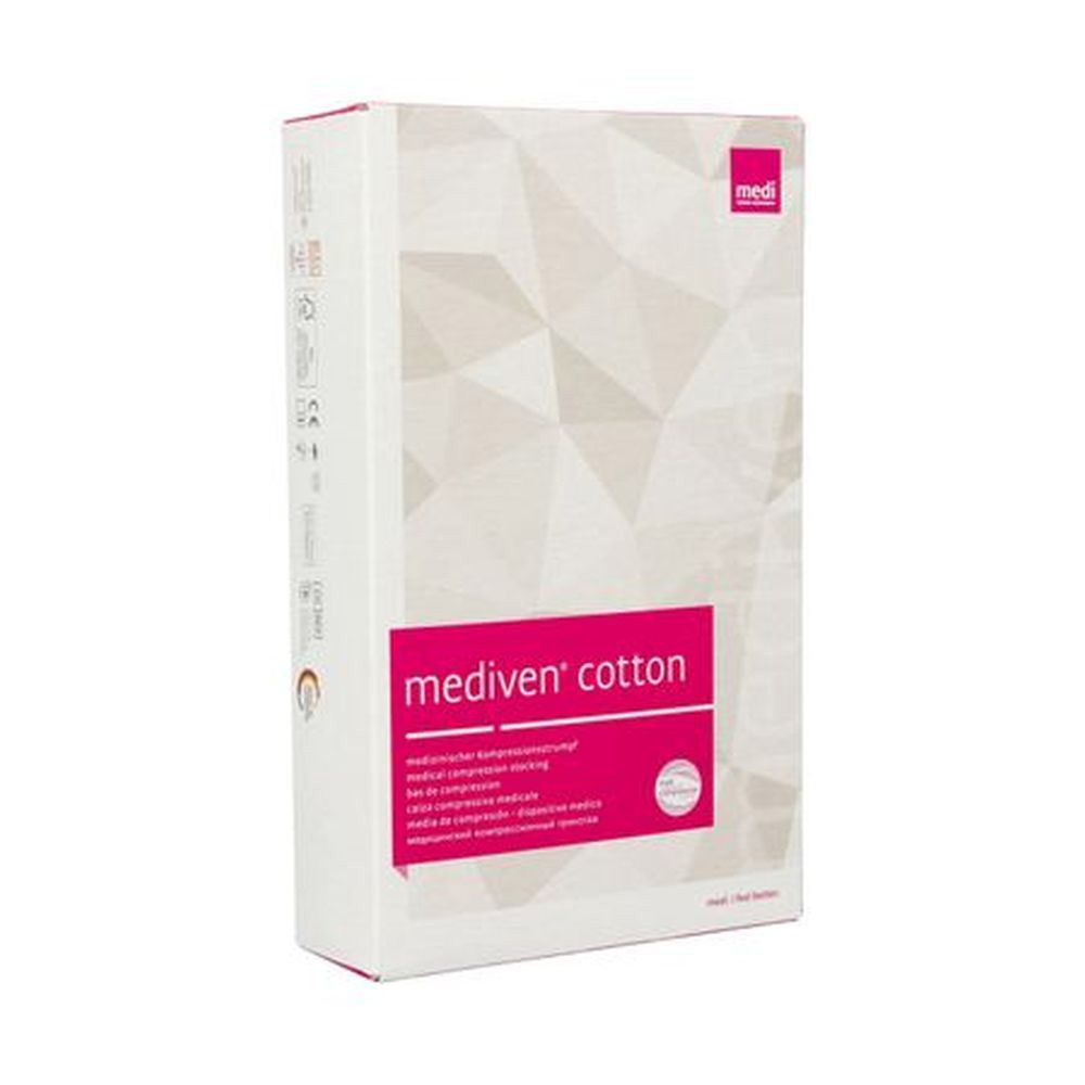 Boîte Mediven Cotton. Emballage blanc et rose avec nom et logo du produit. Logo Medi en haut à droite.