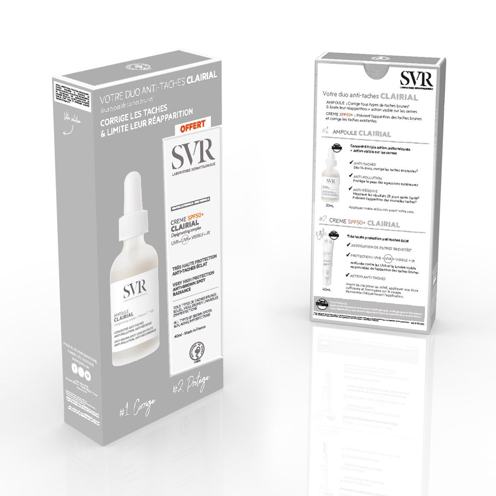 Duo SVR Clairial: Ampoule et Crème SPF50+ en coffret. Vue de face.