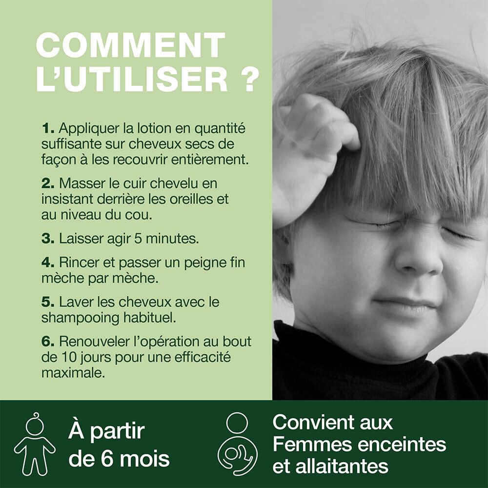 Boîte avec étiquette produit. Texte: Snelle Behandelingslotion. Tegen luizen & neten. 100% naturel.