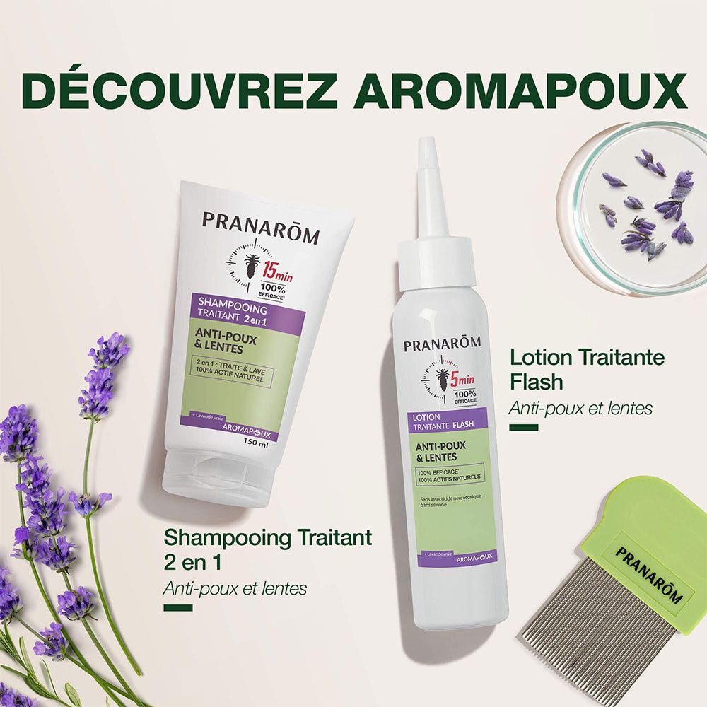 Boîte avec étiquette produit. Texte: Lotion Traitante Flash. Anti-Poux & Lentes. 100% efficace.