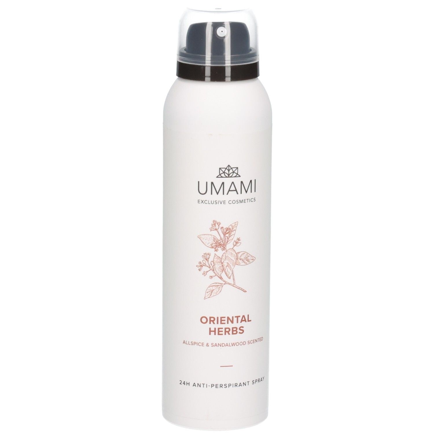 Aérosol blanc avec inscription Umami Oriental Herbs, spray anti-transpirant 24h.