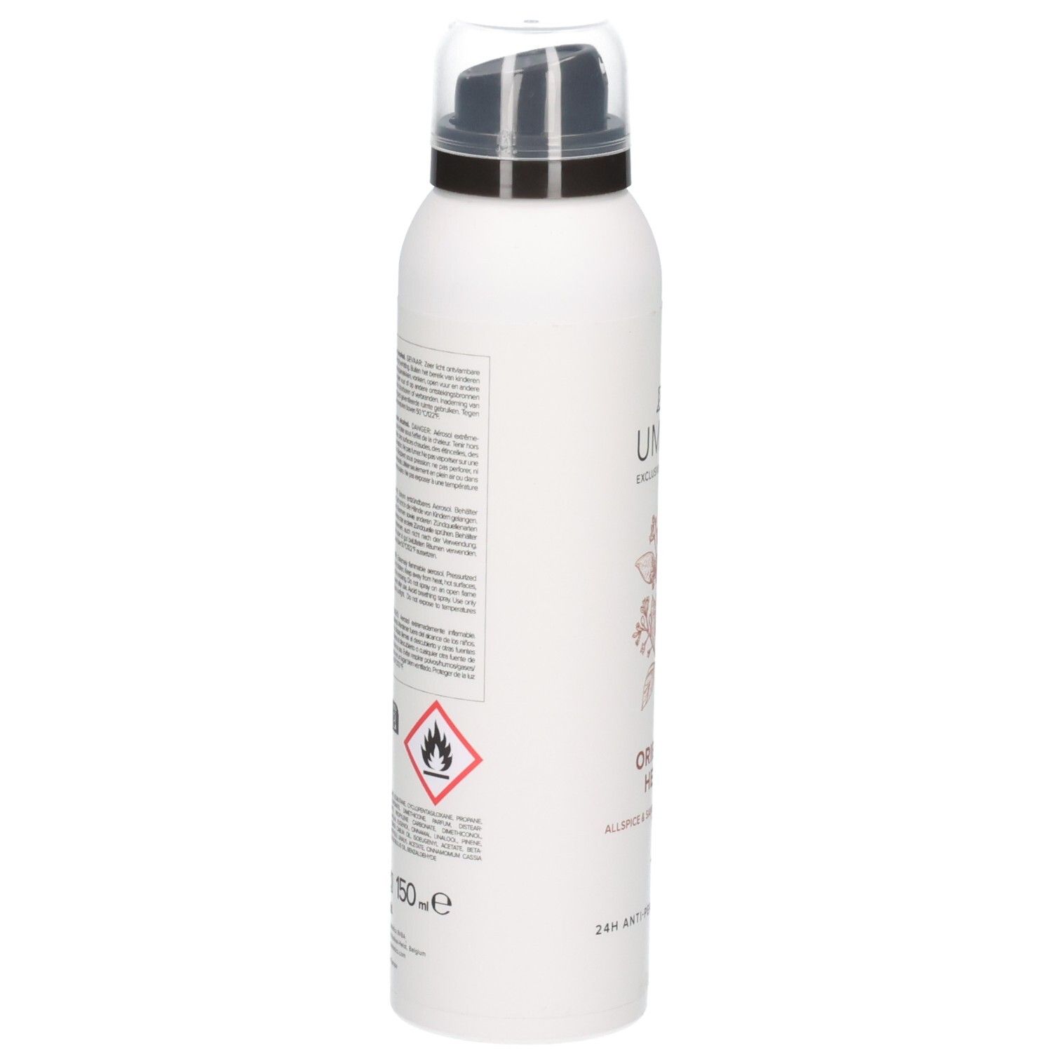 Côté d'un aérosol blanc avec inscription Umami Oriental Herbs et avertissements.