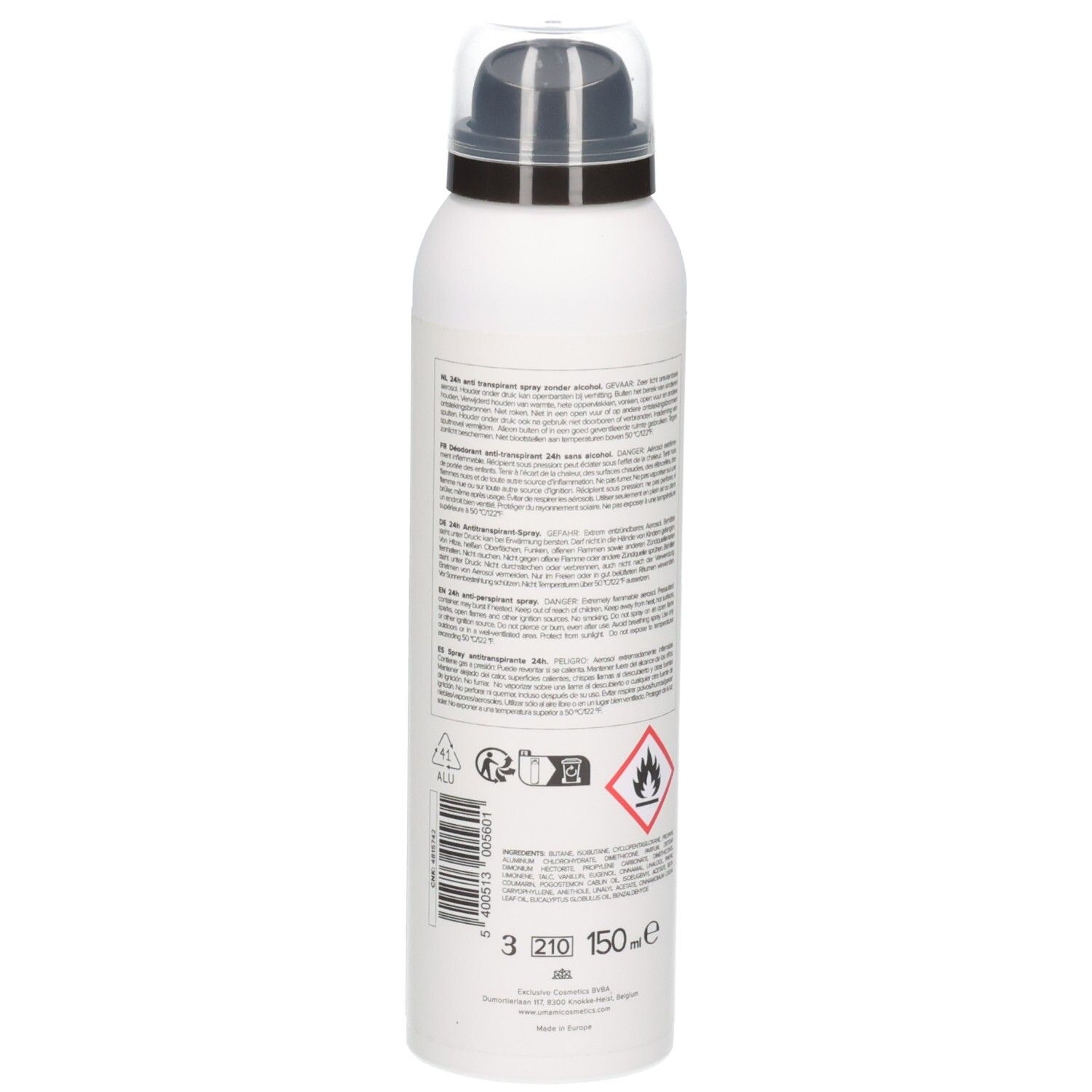 Arrière d'un aérosol blanc avec inscription Umami Oriental Herbs, code-barres et indication 150ml.