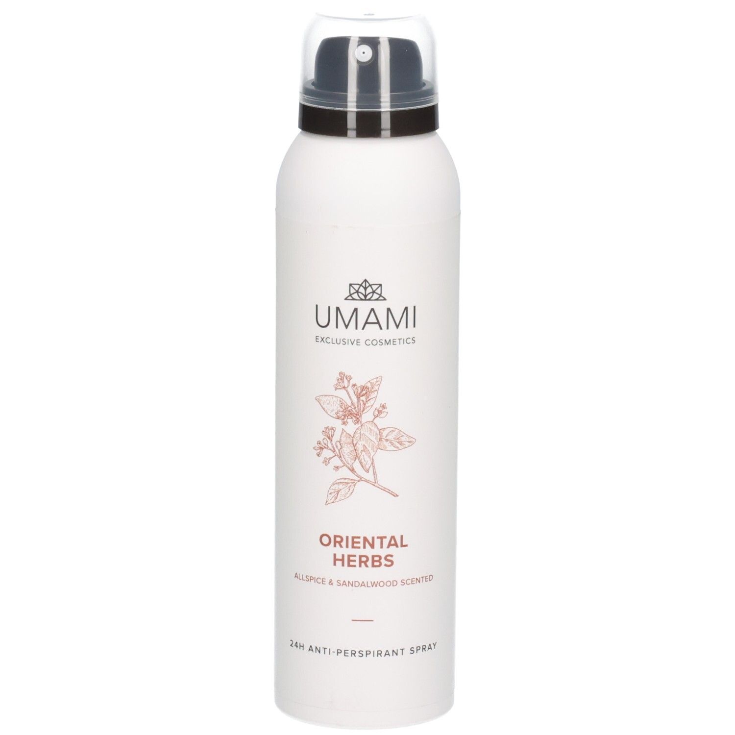 Aérosol blanc avec inscription Umami Oriental Herbs, spray anti-transpirant 24h.