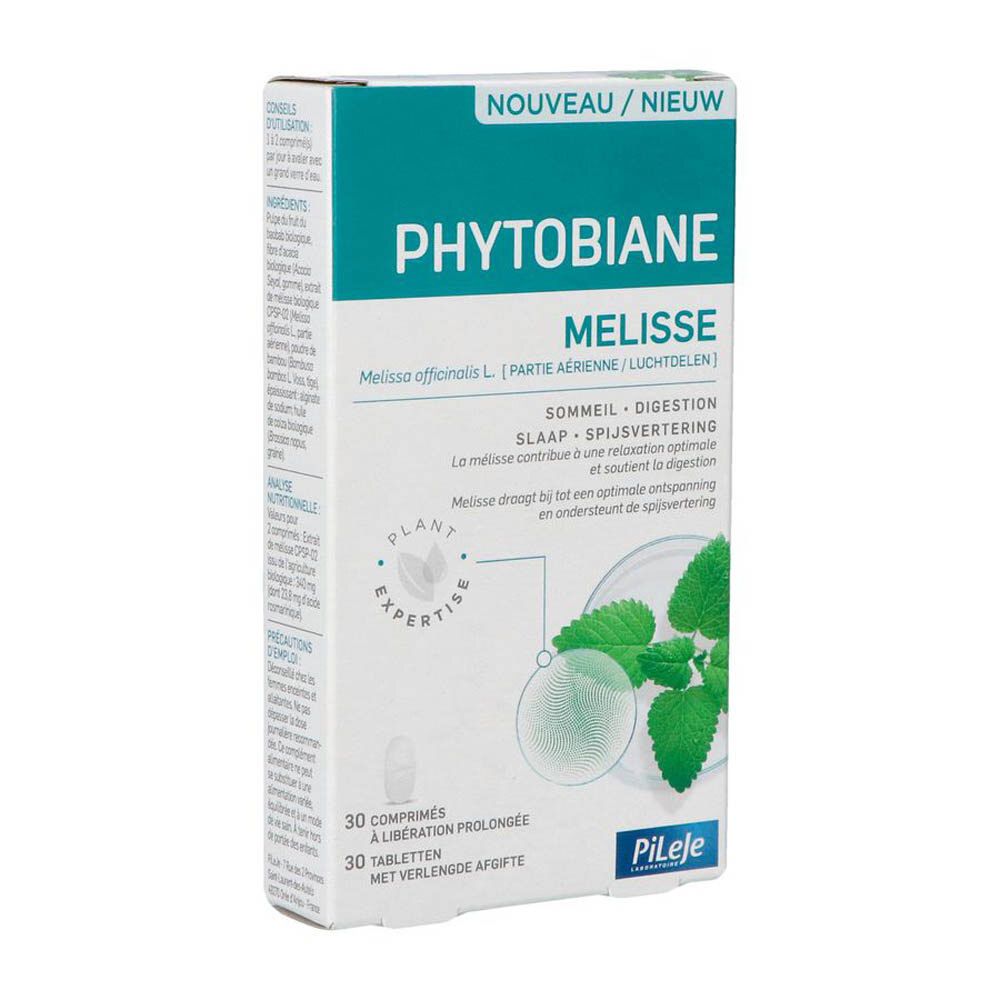 Boîte Phytobiane Melisse. Inscription: Mélisse, sommeil, digestion. 30 comprimés. Marque Pileje.