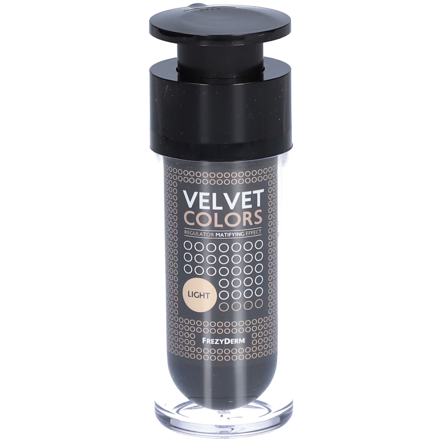 Flacon avec pompe noire. Inscription: VELVET COLORS, LIGHT. Marque: Frezyderm. Boîtier transparent.