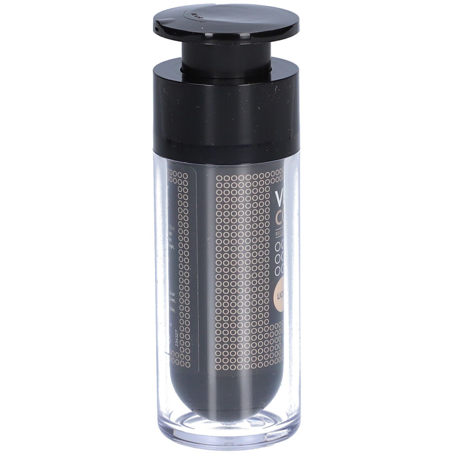 Flacon avec pompe noire. Inscription: VELVET COLORS, LIGHT. Marque: Frezyderm. Boîtier transparent.