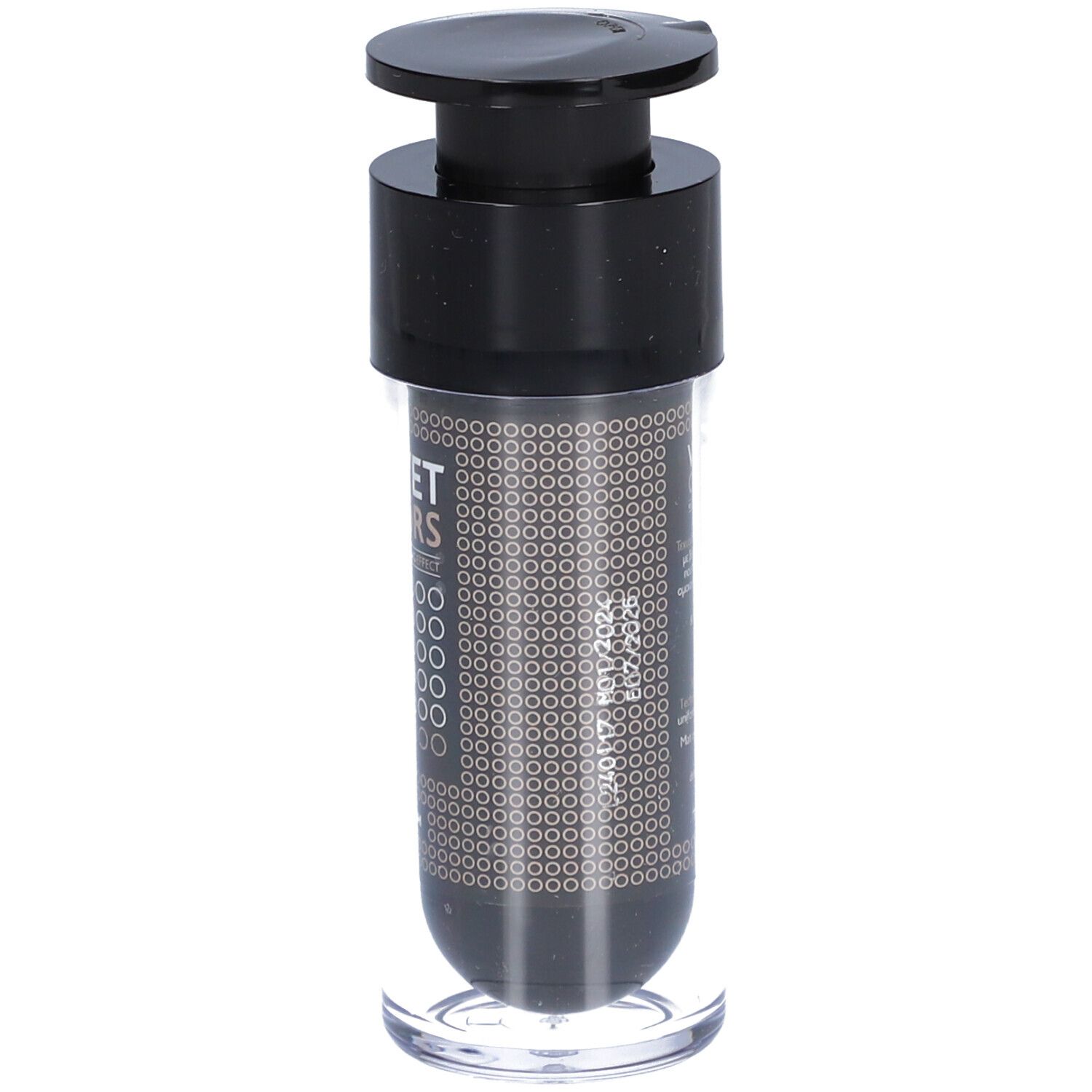Flacon avec pompe noire. Inscription: VELVET COLORS, LIGHT. Marque: Frezyderm. Boîtier transparent.