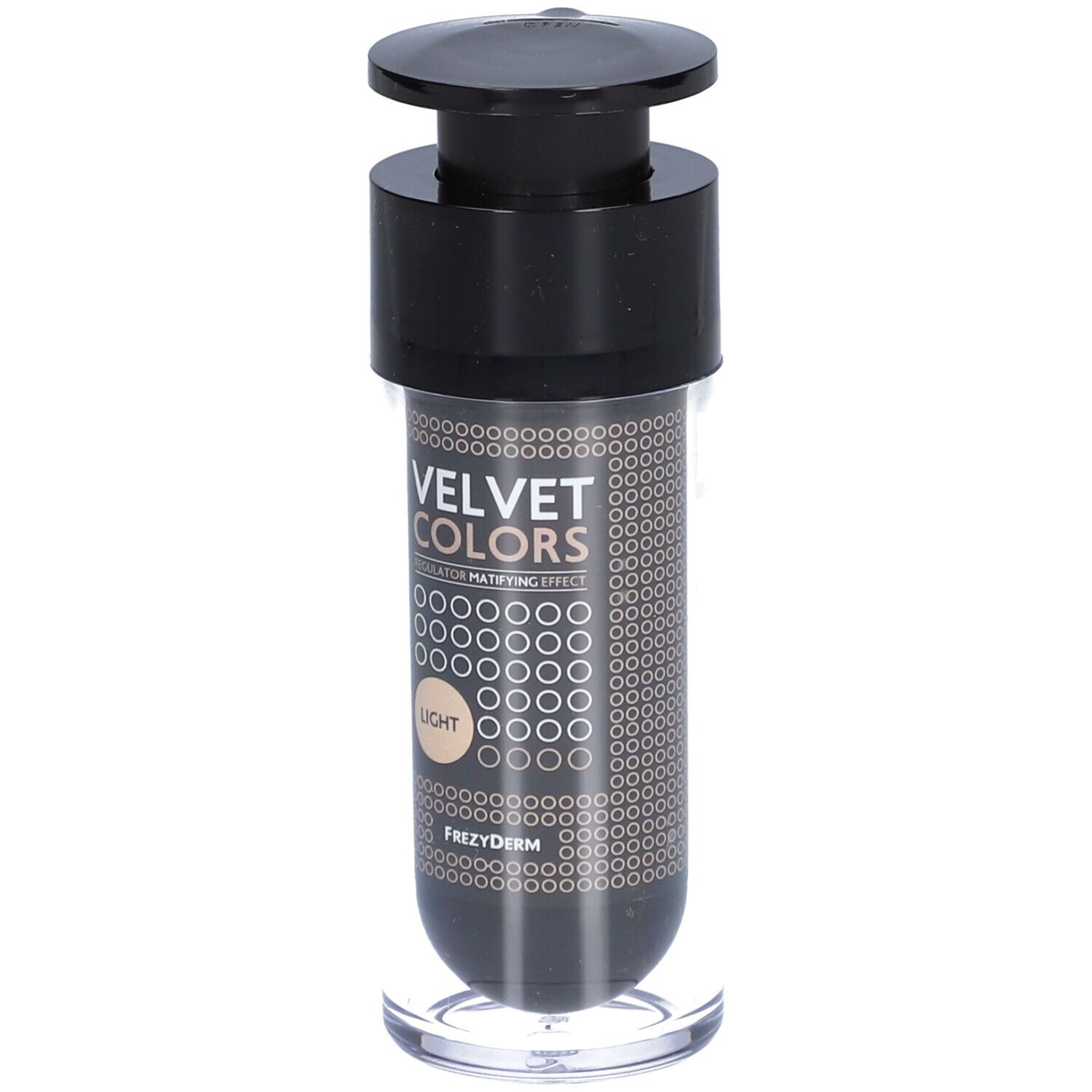 Flacon avec pompe noire. Inscription: VELVET COLORS, LIGHT. Marque: Frezyderm. Boîtier transparent.