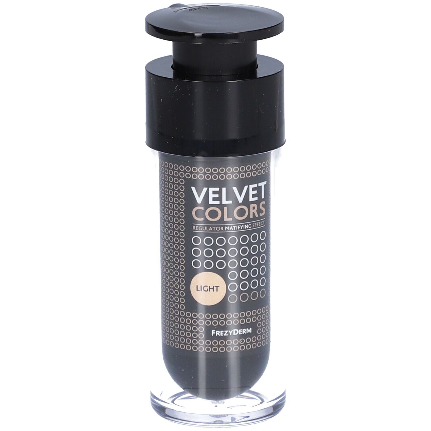 Flacon avec pompe noire. Inscription: VELVET COLORS, LIGHT. Marque: Frezyderm. Boîtier transparent.