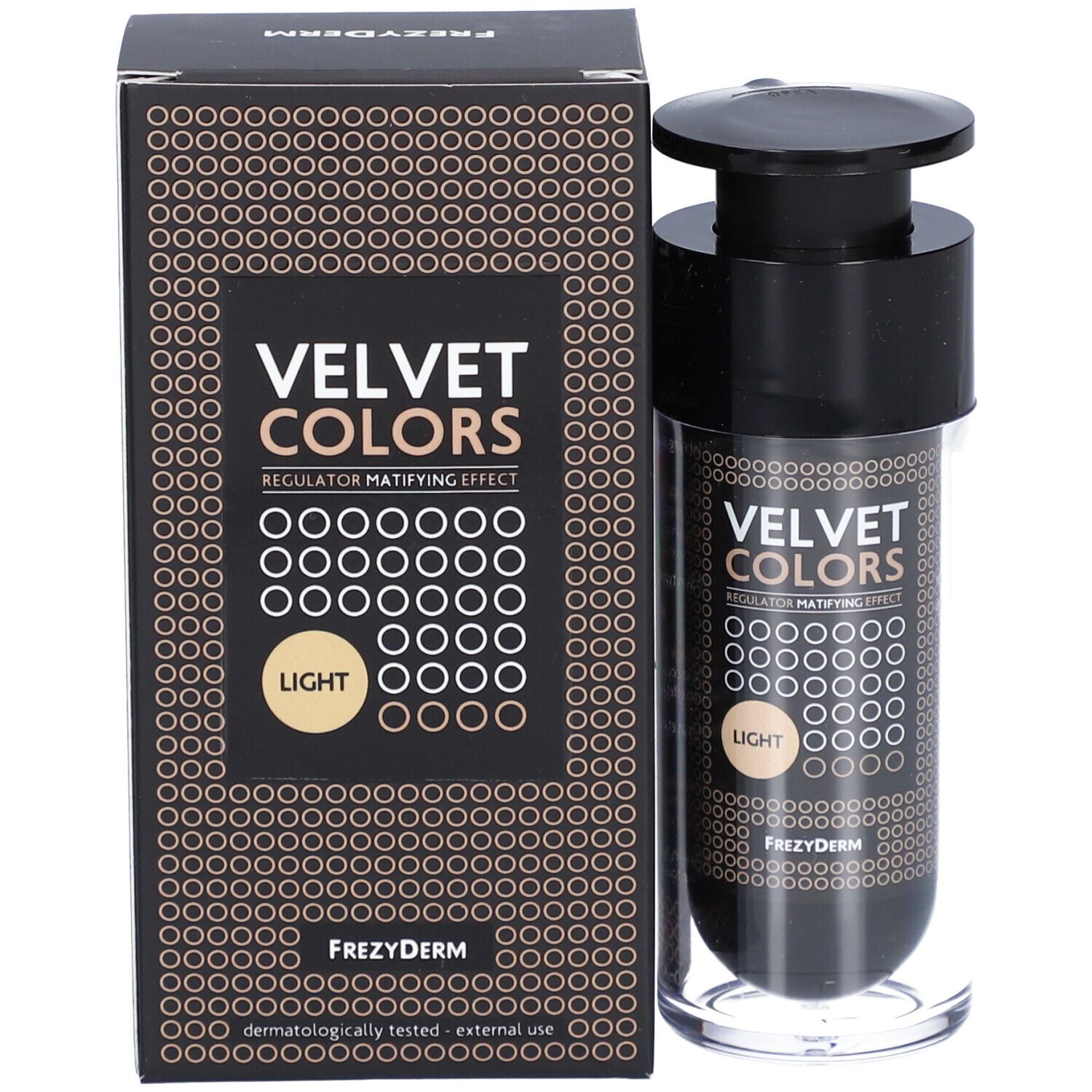 Flacon et emballage. Inscription: VELVET COLORS, LIGHT. Marque: Frezyderm. Testé dermatologiquement.