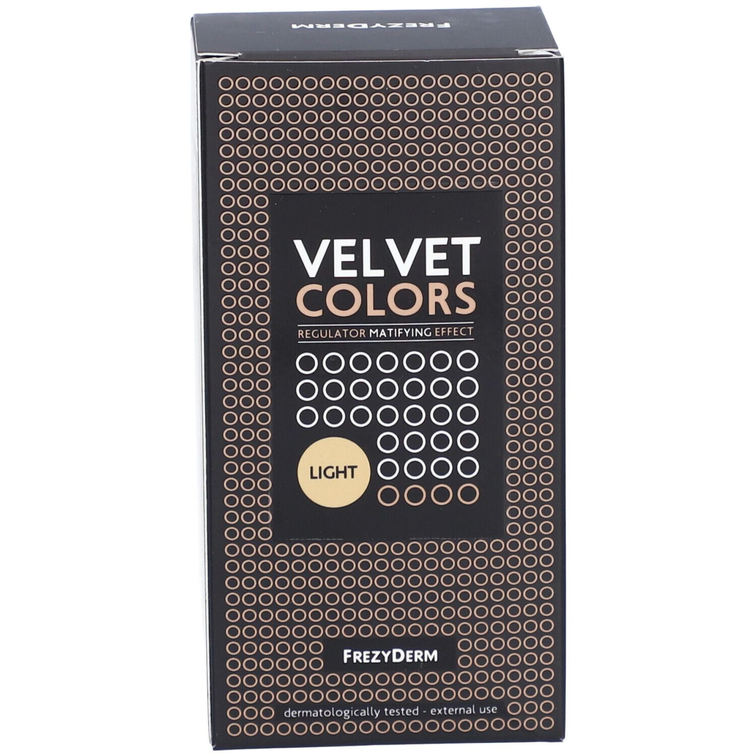 Emballage du produit. Inscription: VELVET COLORS, LIGHT. Marque: Frezyderm. Testé dermatologiquement.