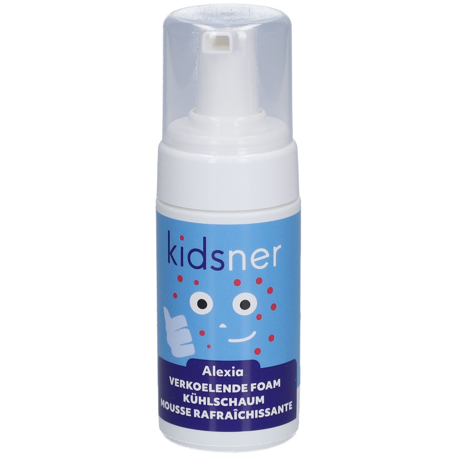 Flacon blanc avec étiquette bleue. L'étiquette indique "kidsner Alexia". Le bouchon est transparent.