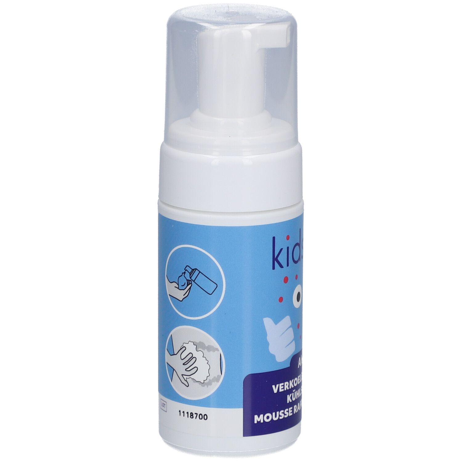 Flacon blanc avec étiquette bleue. L'étiquette indique "kidsner Alexia". Pictogrammes montrant l'utilisation.