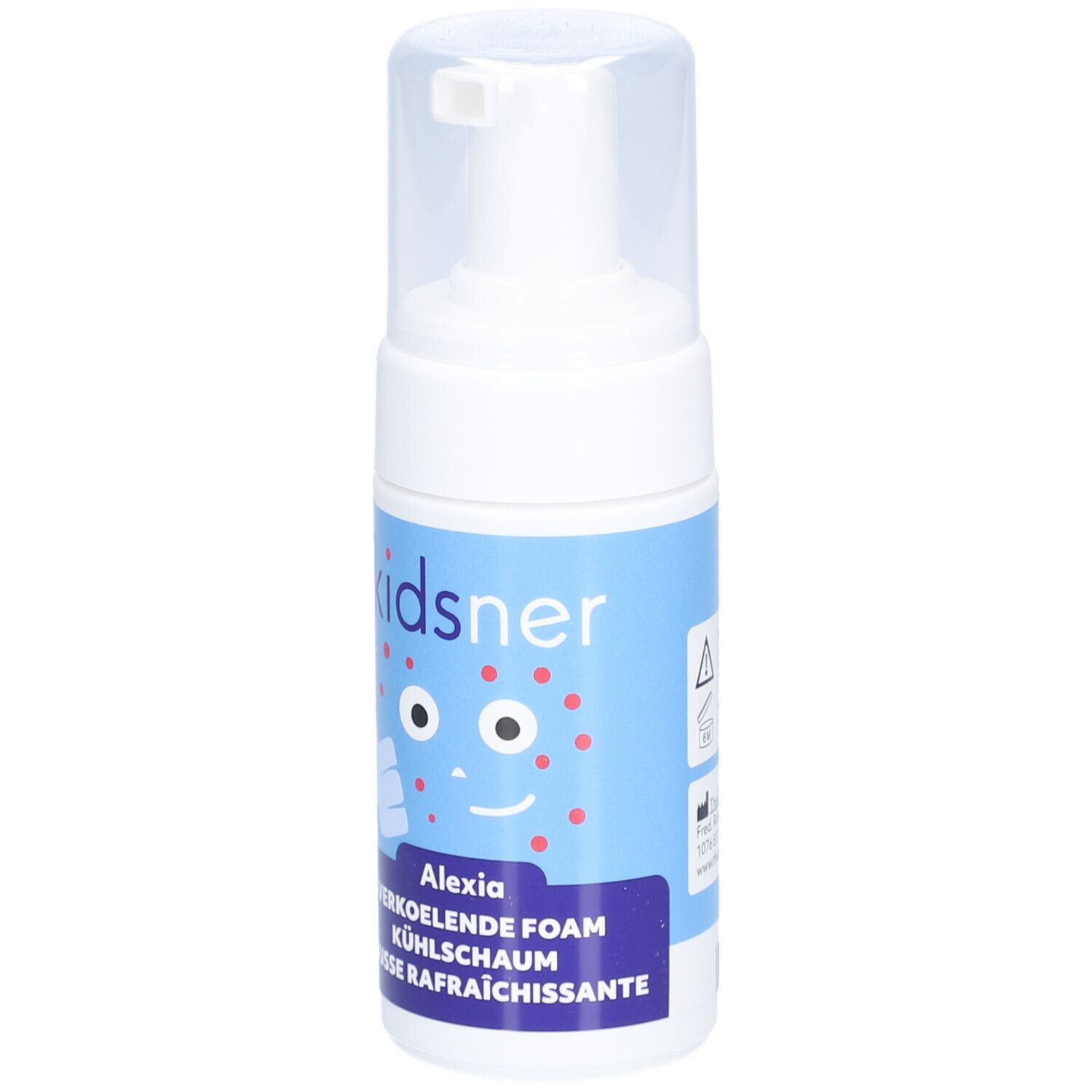 Flacon blanc avec étiquette bleue. L'étiquette indique "kidsner Alexia". Impression: Avertissement.