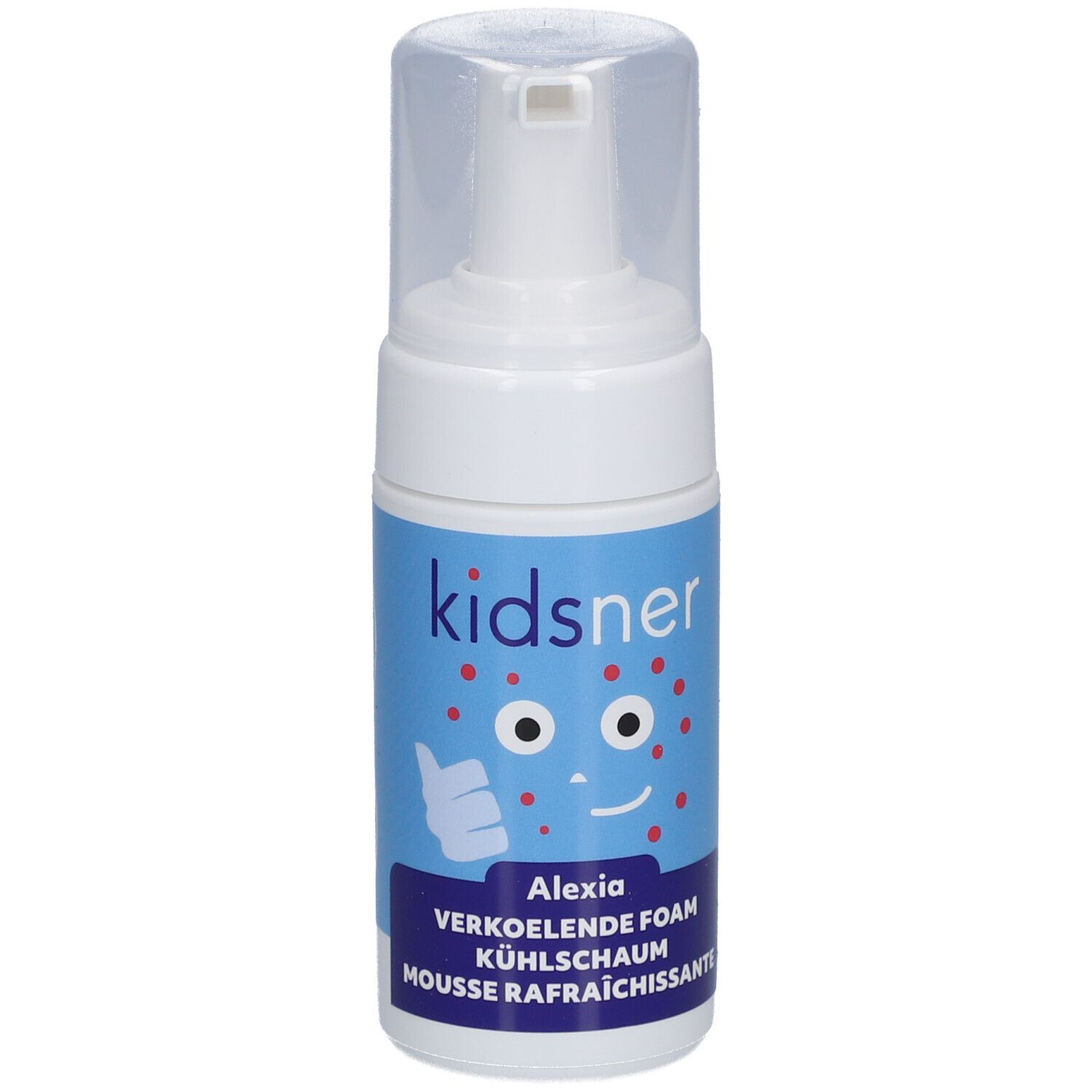 Flacon blanc avec étiquette bleue. L'étiquette indique "kidsner Alexia". Impression: Pouce levé.