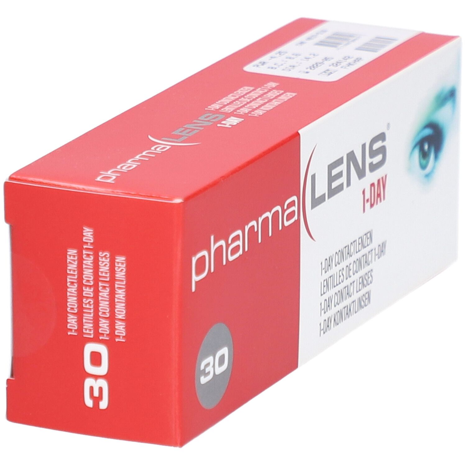 Boîte "pharma LENS 1-DAY". Emballage rouge et blanc. 30 lentilles. Image d'un œil.