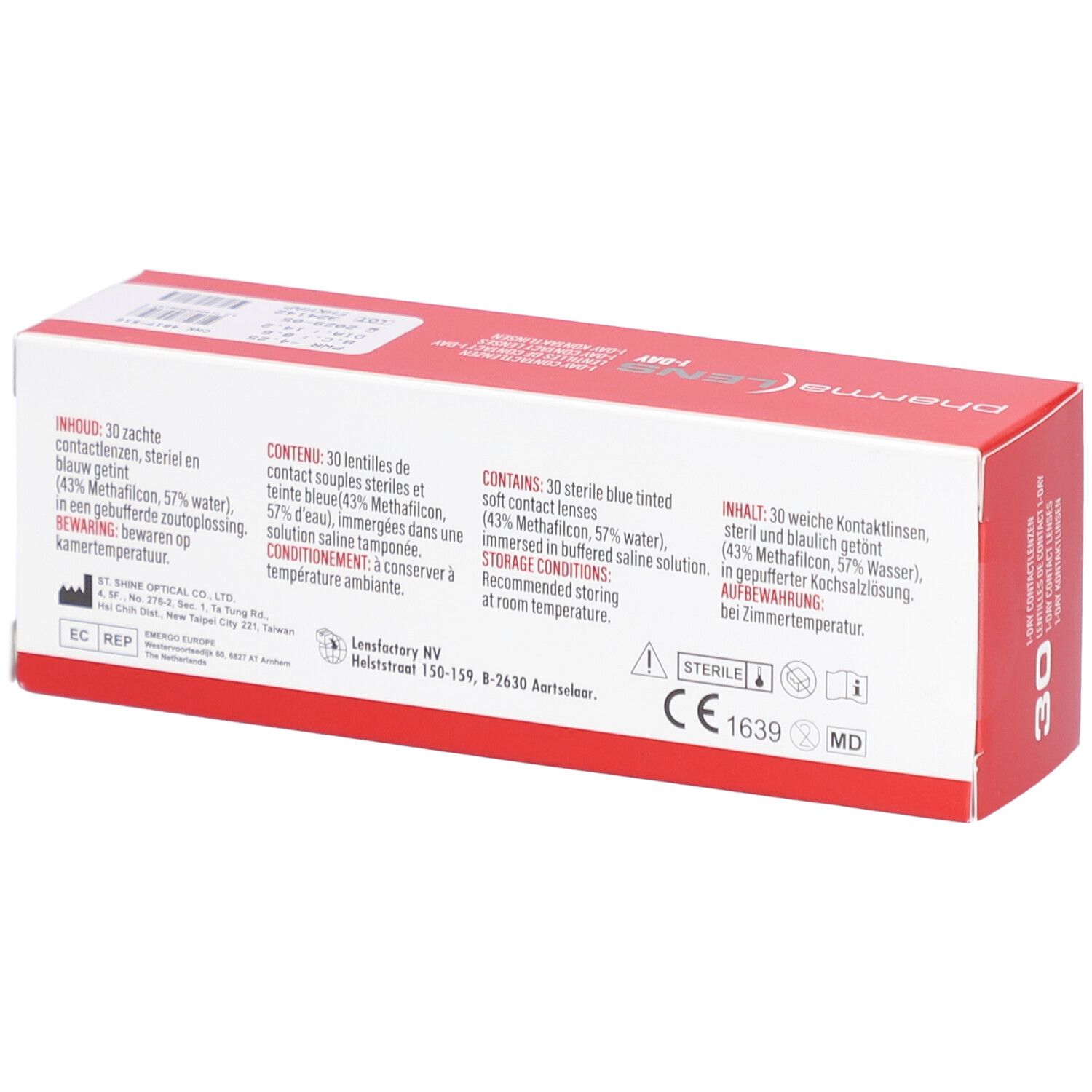 Dos de la boîte "pharma LENS 1-DAY". Contient 30 lentilles stériles. Marquage CE.