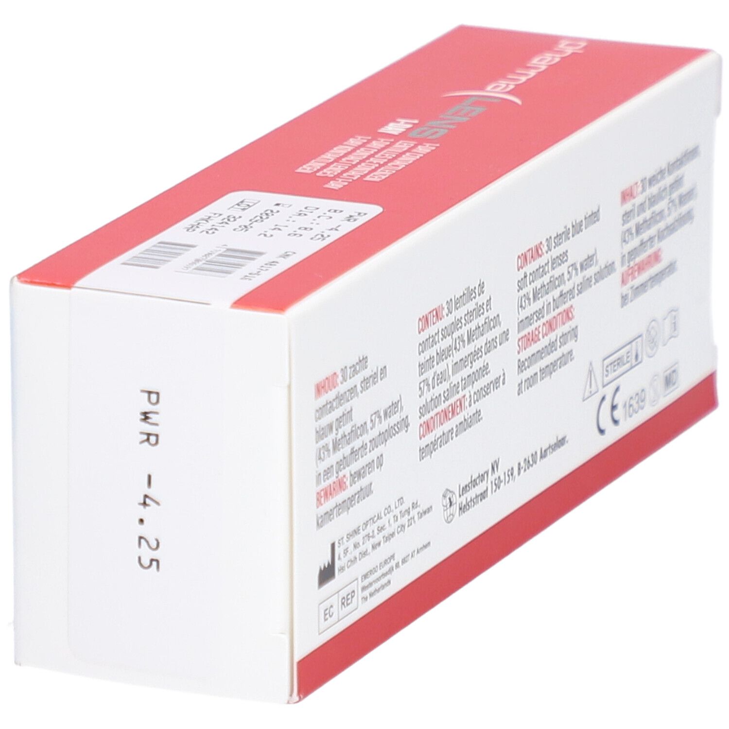 Dos de la boîte "pharma LENS 1-DAY". Contient 30 lentilles. Marquage CE.