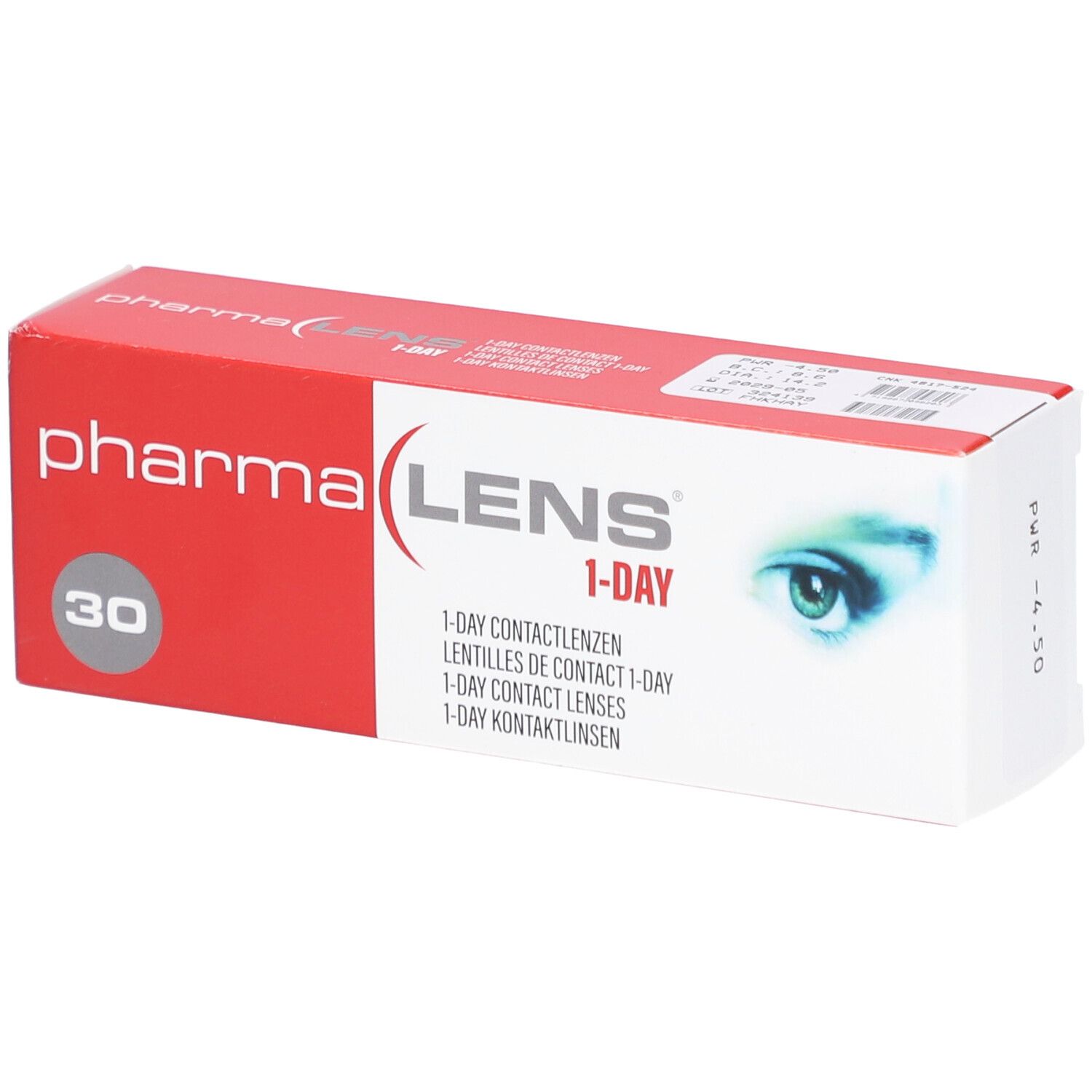 Boîte de lentilles de contact Pharmalens 1-Day. Boîte rouge et blanche avec nom du produit et 30 lentilles.