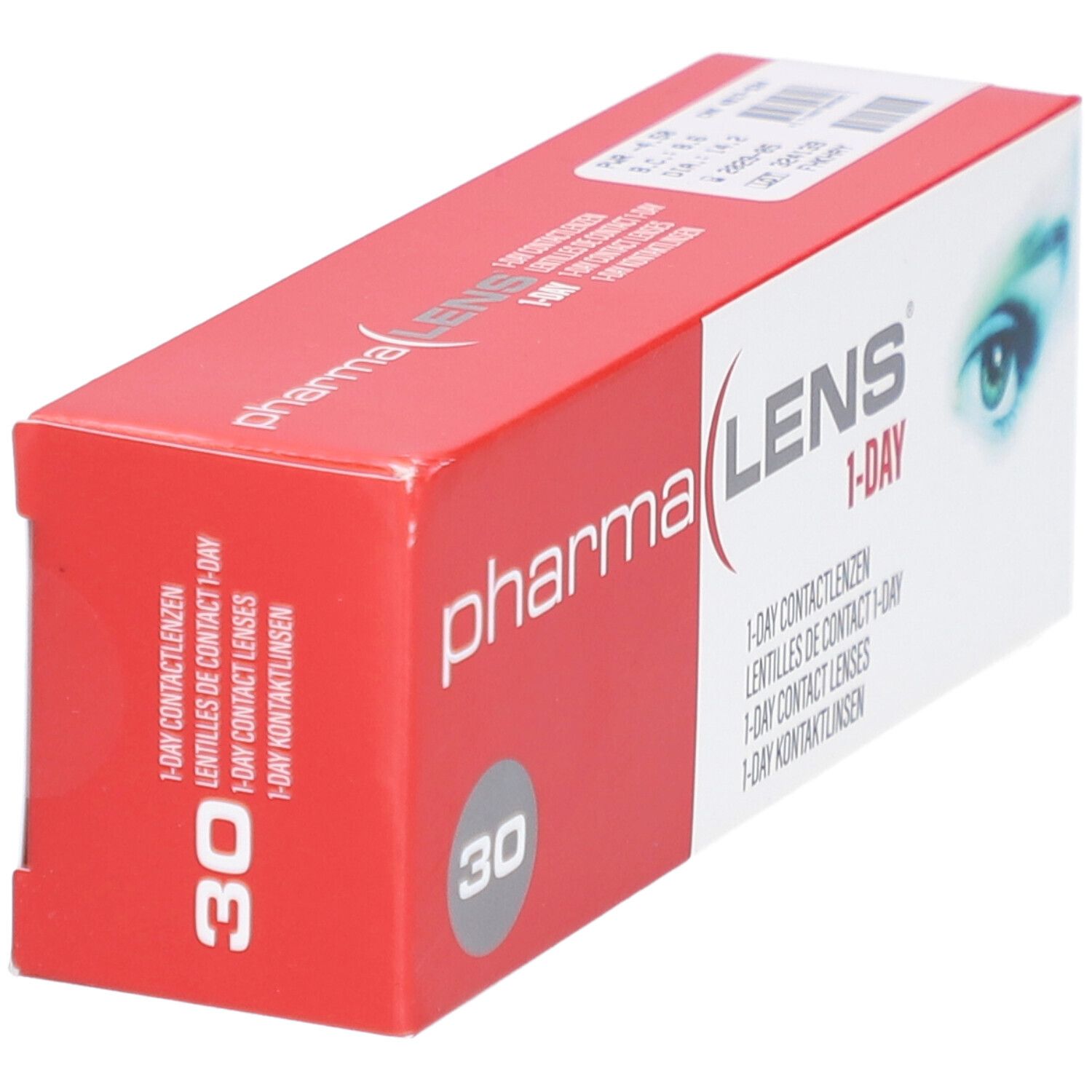 Boîte de lentilles de contact Pharmalens 1-Day. Emballage rouge et blanc avec nom du produit et 30 lentilles.