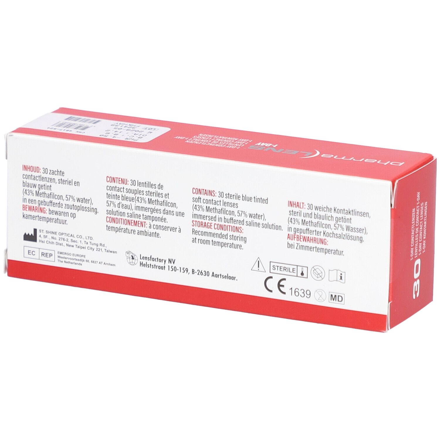 Dos de l'emballage des lentilles de contact Pharmalens 1-Day. Contient des informations et certifications.