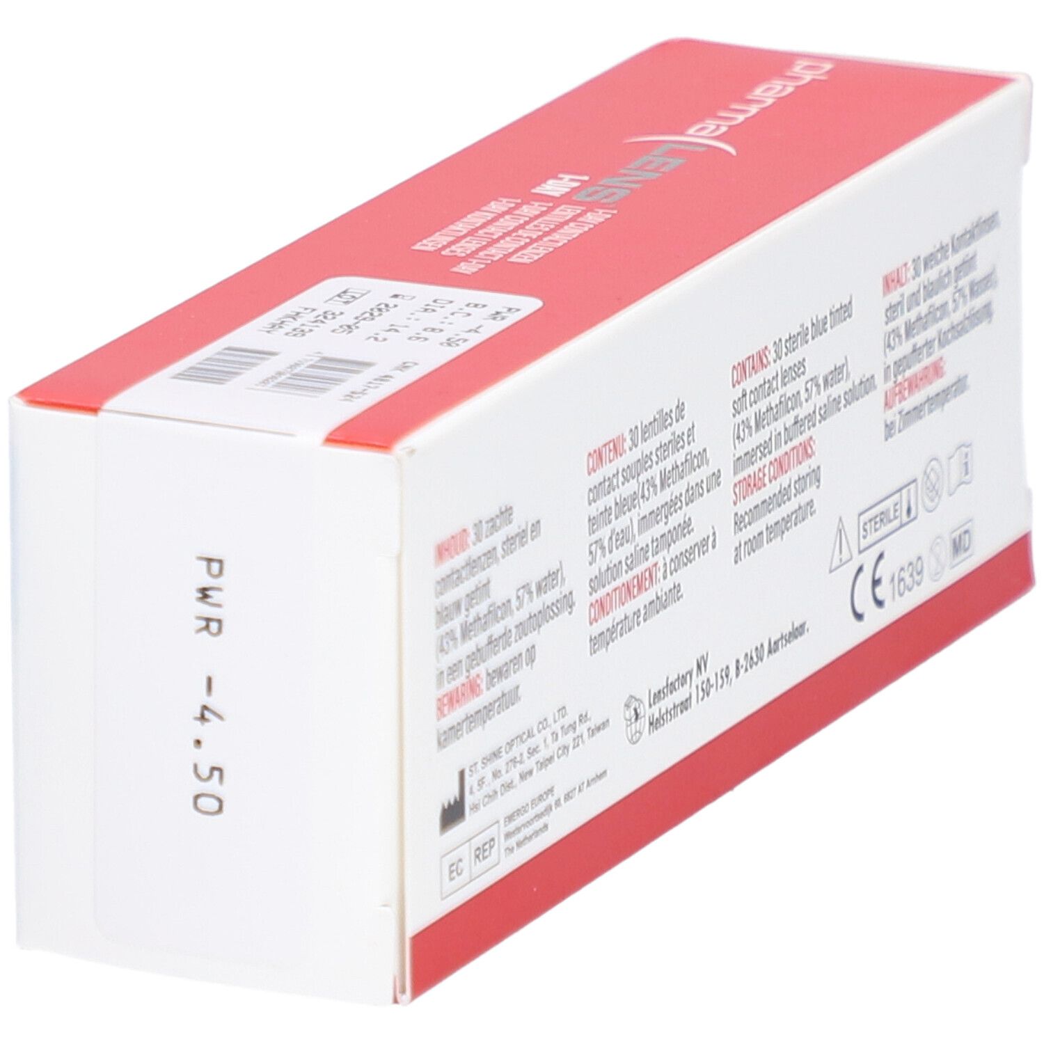 Dos de l'emballage des lentilles de contact Pharmalens 1-Day. Contient des informations et certifications.