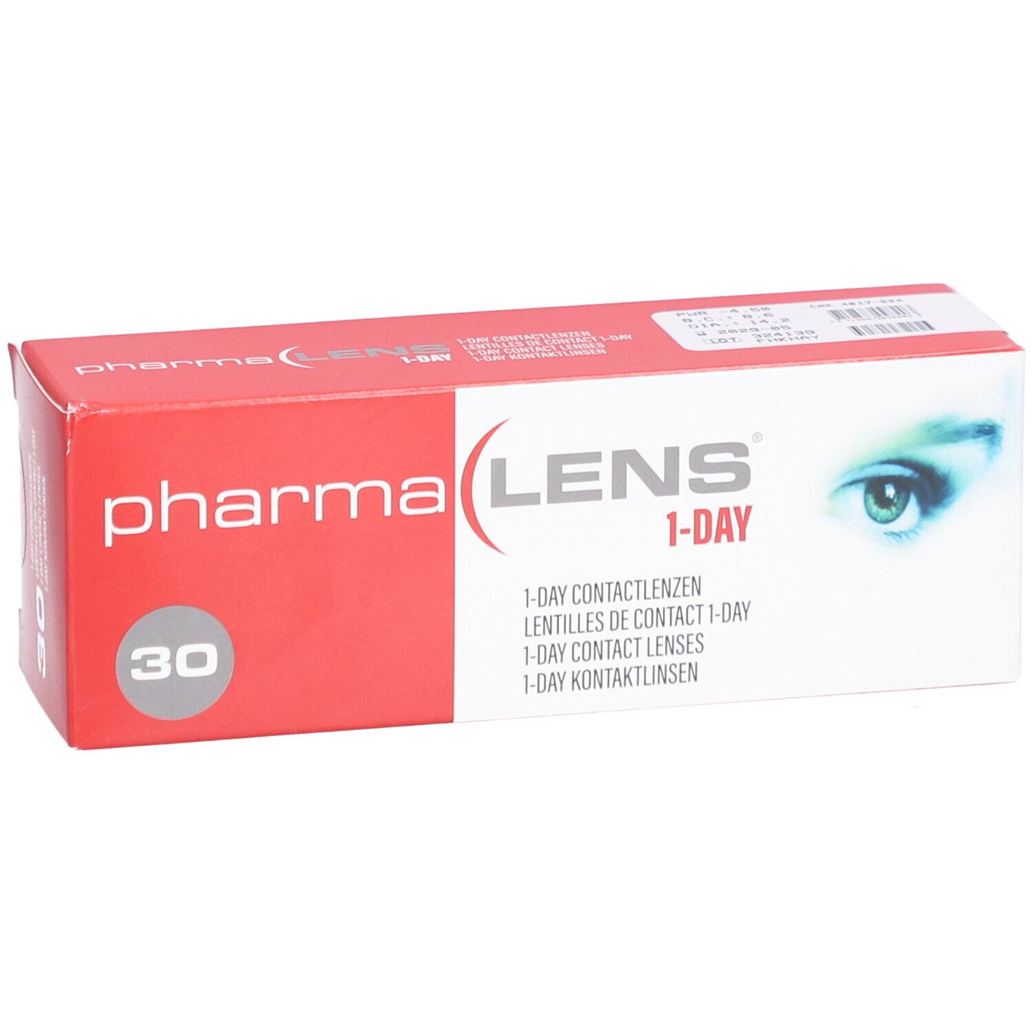 Boîte de lentilles de contact Pharmalens 1-Day. Boîte rouge et blanche avec nom du produit et 30 lentilles.