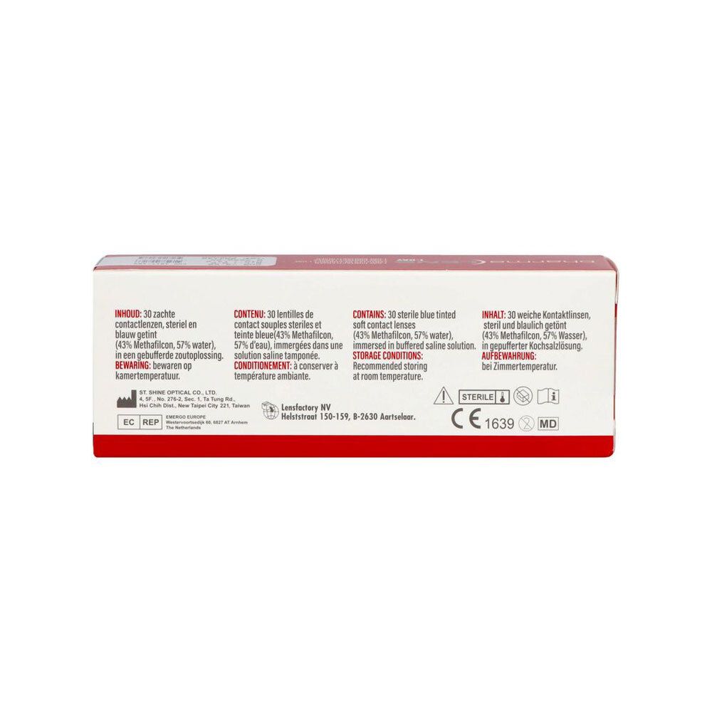 Dos de la boîte de lentilles de contact Pharmalens 1-Day. Informations textuelles multilingues, dont le français. Marquage CE.