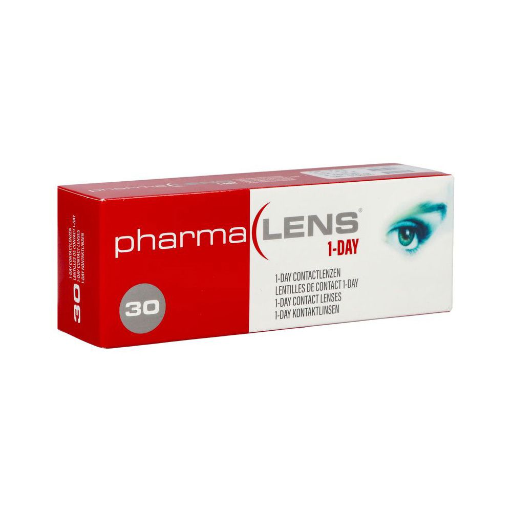 Boîte rouge et blanche de lentilles de contact. Inscription : pharma LENS 1-DAY. 30 unités. Un œil est représenté sur l'emballage.