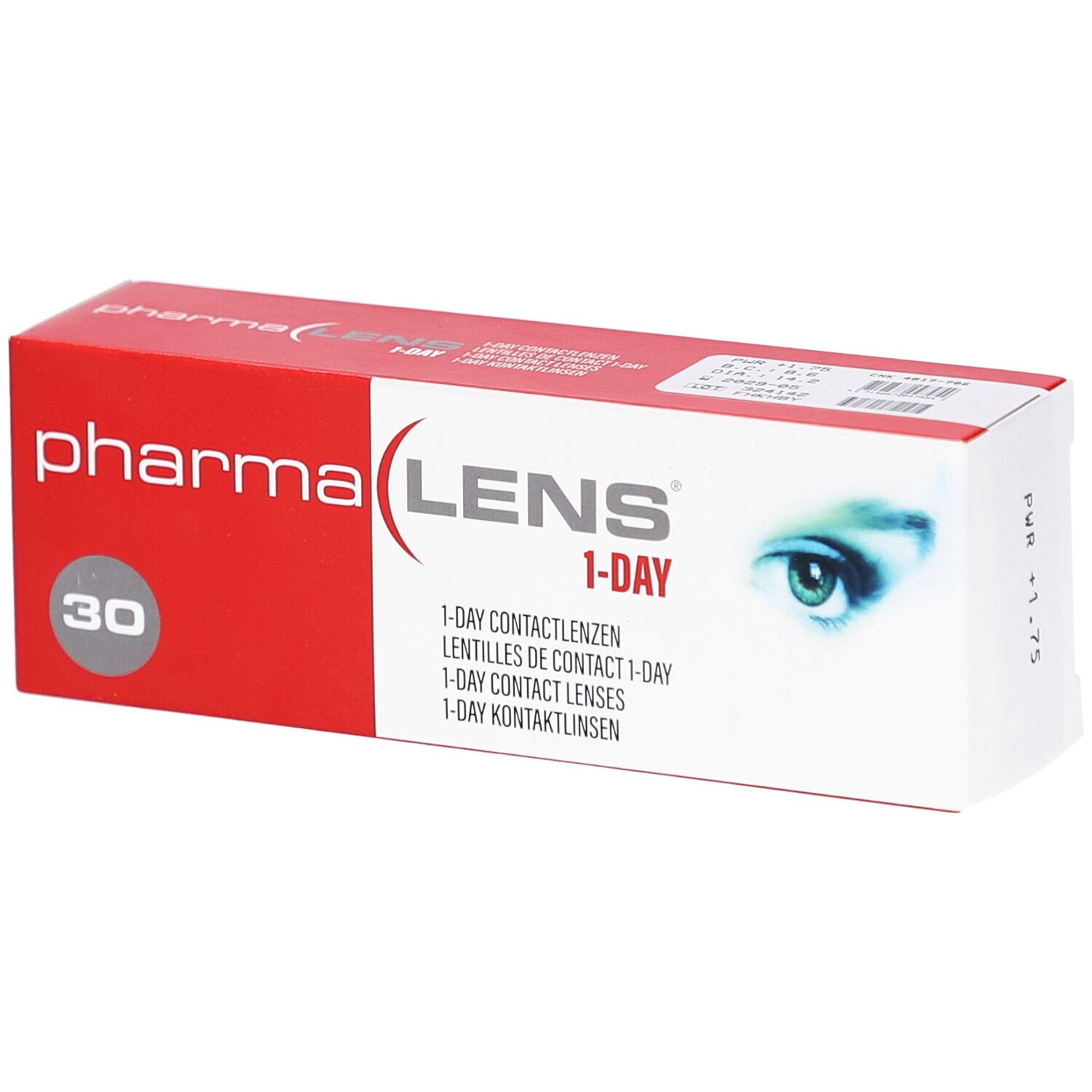 Boîte rouge et blanche "pharma LENS 1-DAY" avec "30". Inscriptions: lentilles de contact, représentation d'un œil.