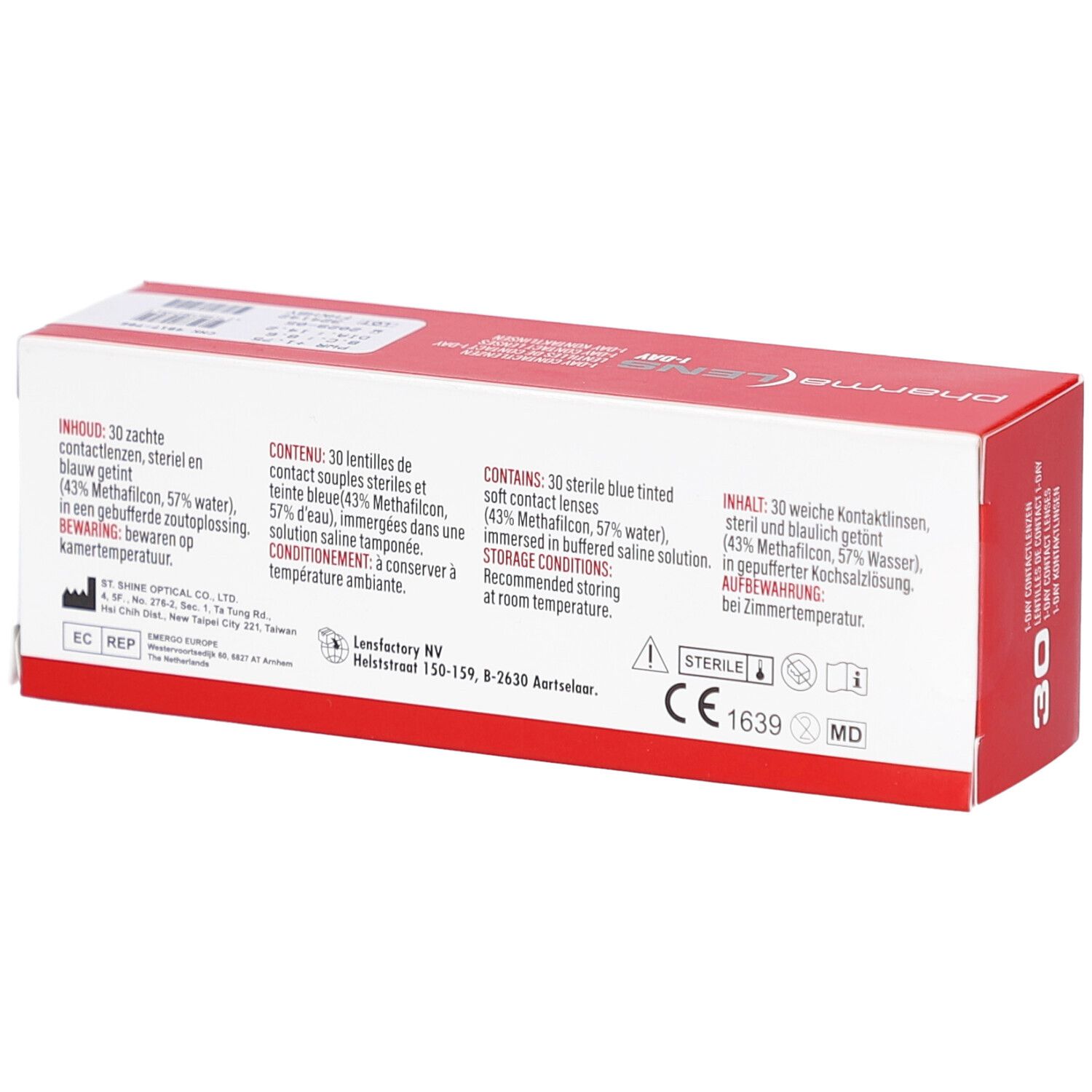 Dos de la boîte rouge et blanche "pharma LENS 1-DAY". Contient des informations sur les lentilles de contact, marquage CE.