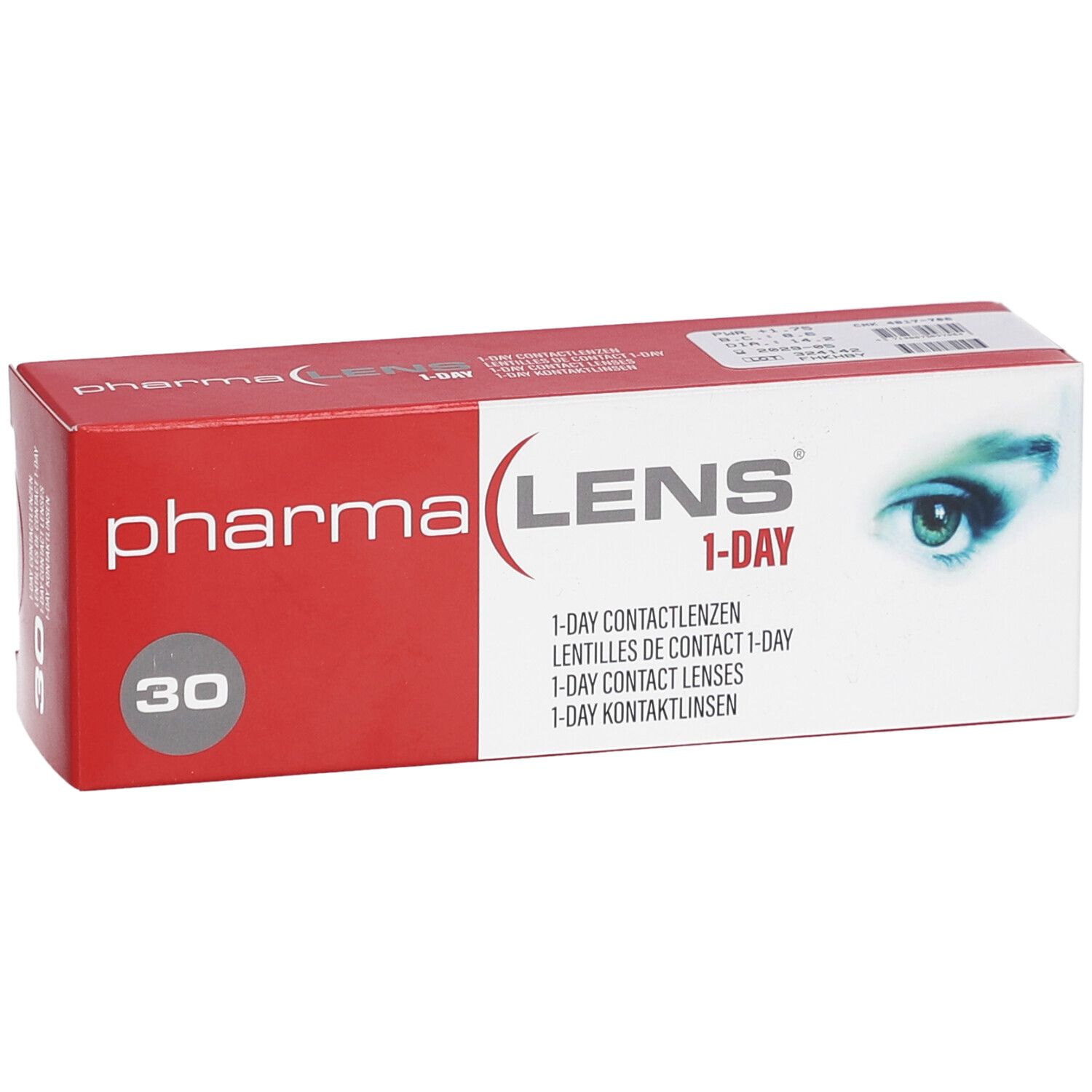 Boîte rouge et blanche "pharma LENS 1-DAY" avec "30". Inscriptions: lentilles de contact, représentation d'un œil.