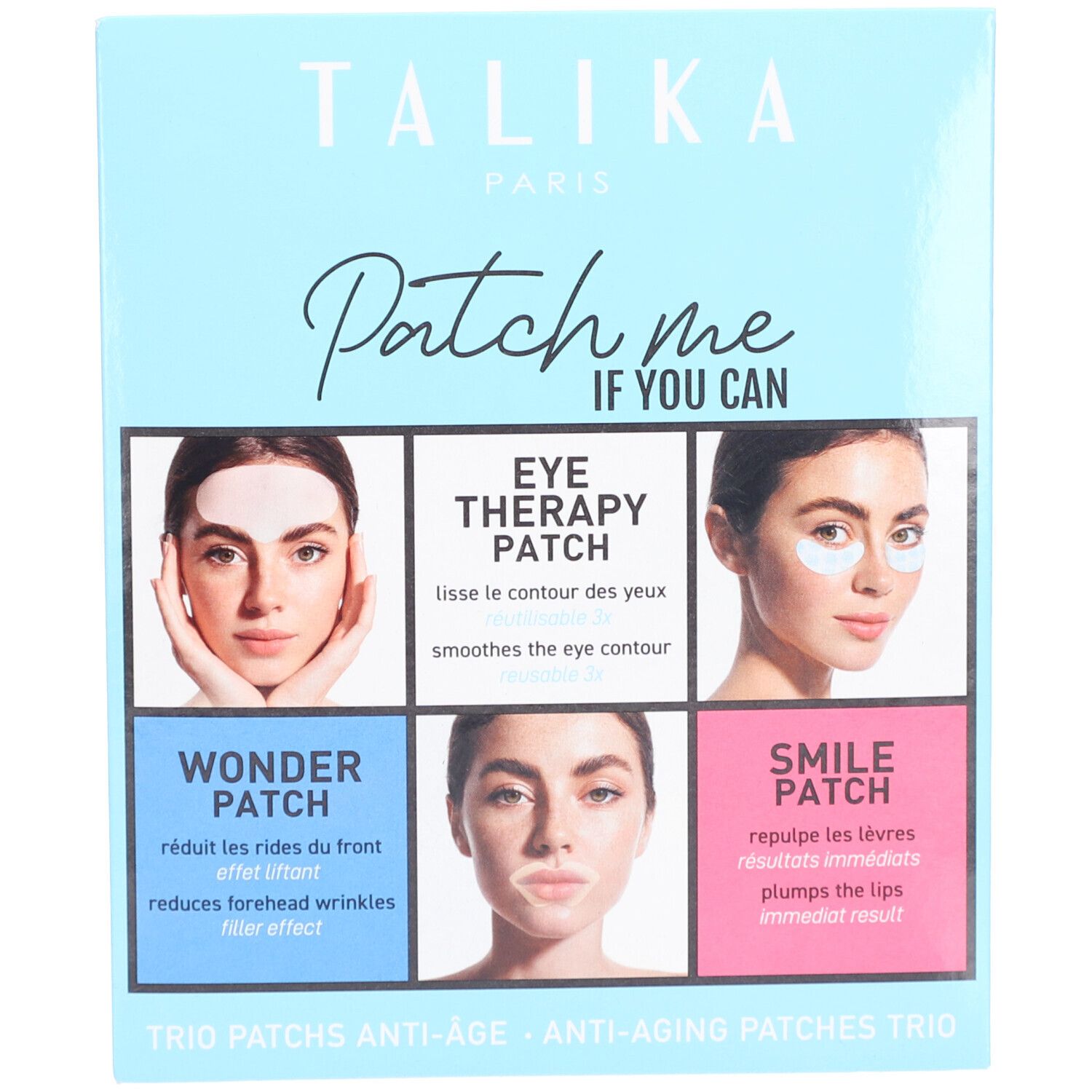 Emballage avec nom du produit et illustrations. Trois visages avec patchs. Texte : Eye Therapy Patch, Wonder Patch, Smile Patch.