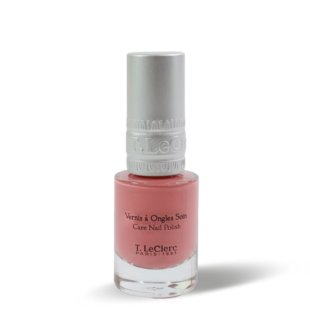 Flacon de vernis à ongles rose. Bouchon argenté. Inscription : Vernis à Ongles Soin, Care Nail Polish, T. LeClerc PARIS 1881.