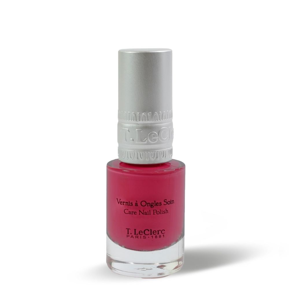 Flacon de vernis à ongles rose avec bouchon argenté. Inscription : Vernis à Ongles Soin, T. LeClerc Paris 1881.