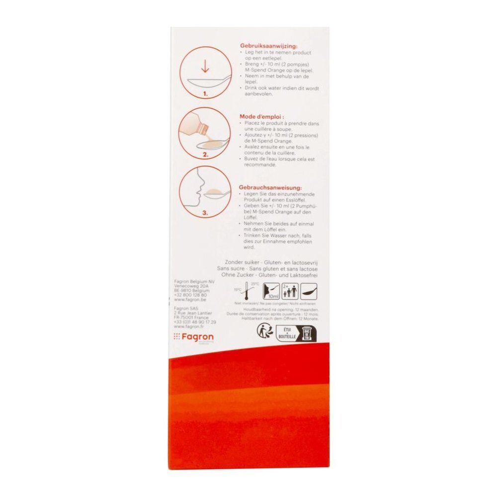 Arrière de l'emballage M-Spend Orange avec instructions d'utilisation et sceaux.