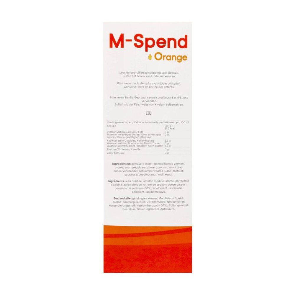 Vue latérale de l'emballage M-Spend Orange avec instructions d'utilisation et sceaux.
