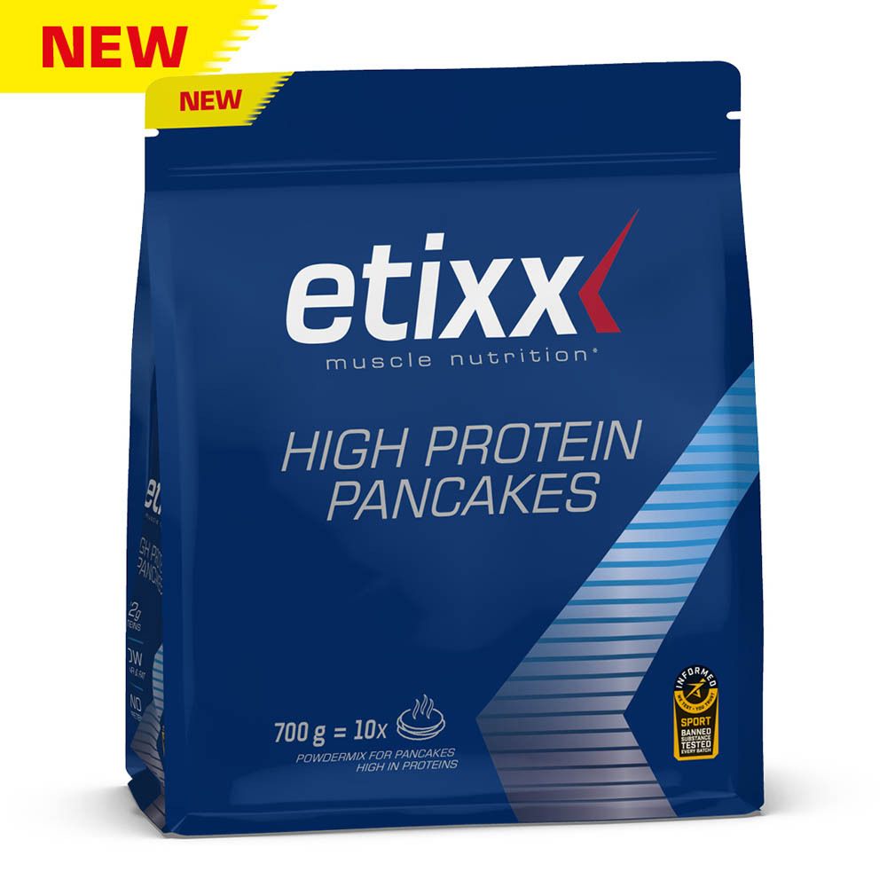 Paquet de pancakes protéinés Etixx. Emballage bleu avec informations produit et logo.