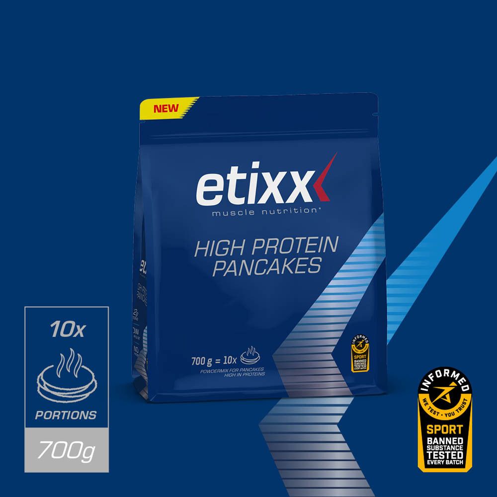 Dos du paquet de pancakes protéinés Etixx. Texte multilingue, logo et informations.