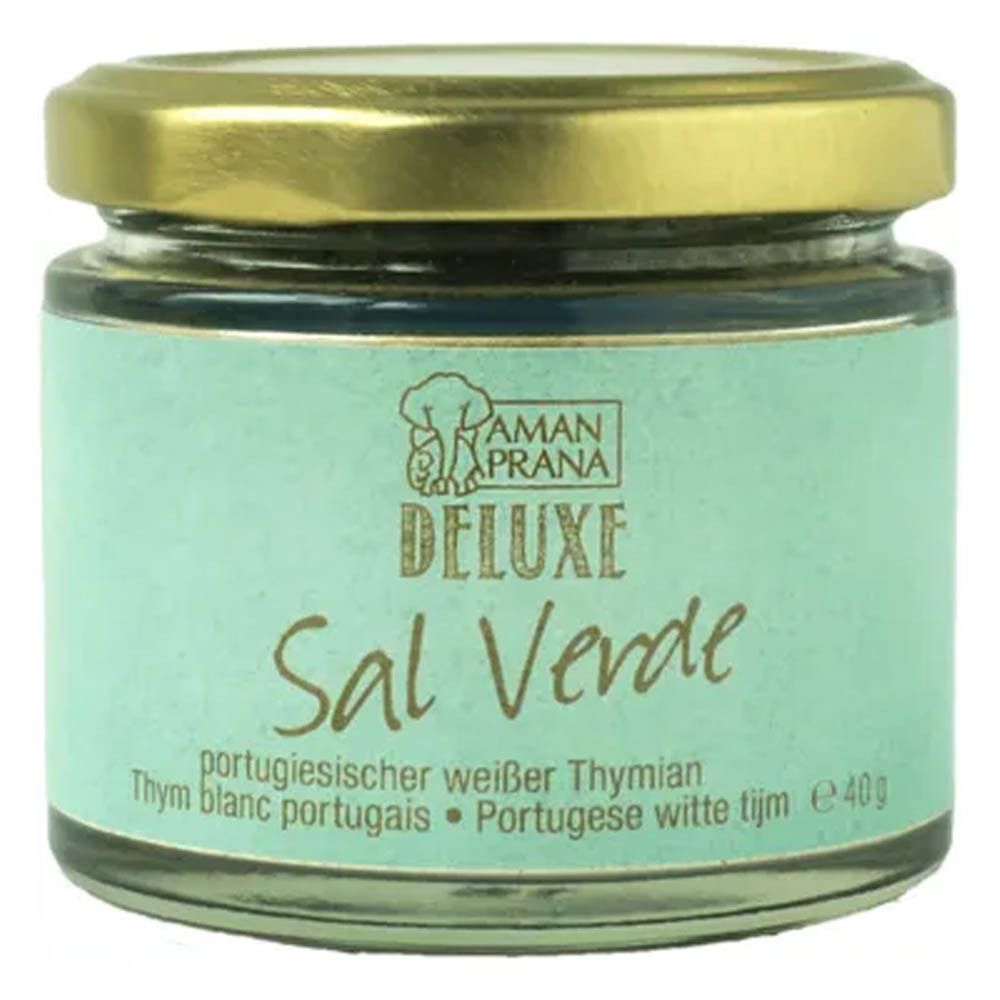 Pot de Sal Verde. Inscription: Amanprana Deluxe, Sal Verde, thym blanc portugais. Couvercle doré.
