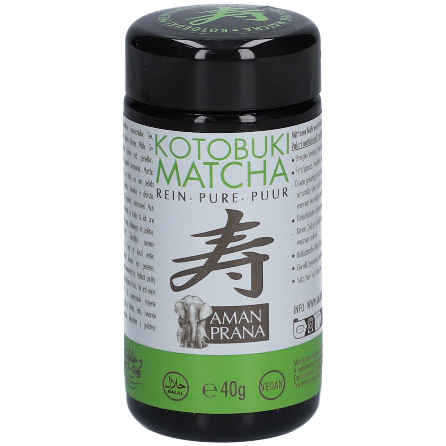 Boîte noire avec étiquette verte. Inscription : Kotobuki Matcha Rein. Logo : Amanprana. Labels vegan et halal. Contenu : 40g.