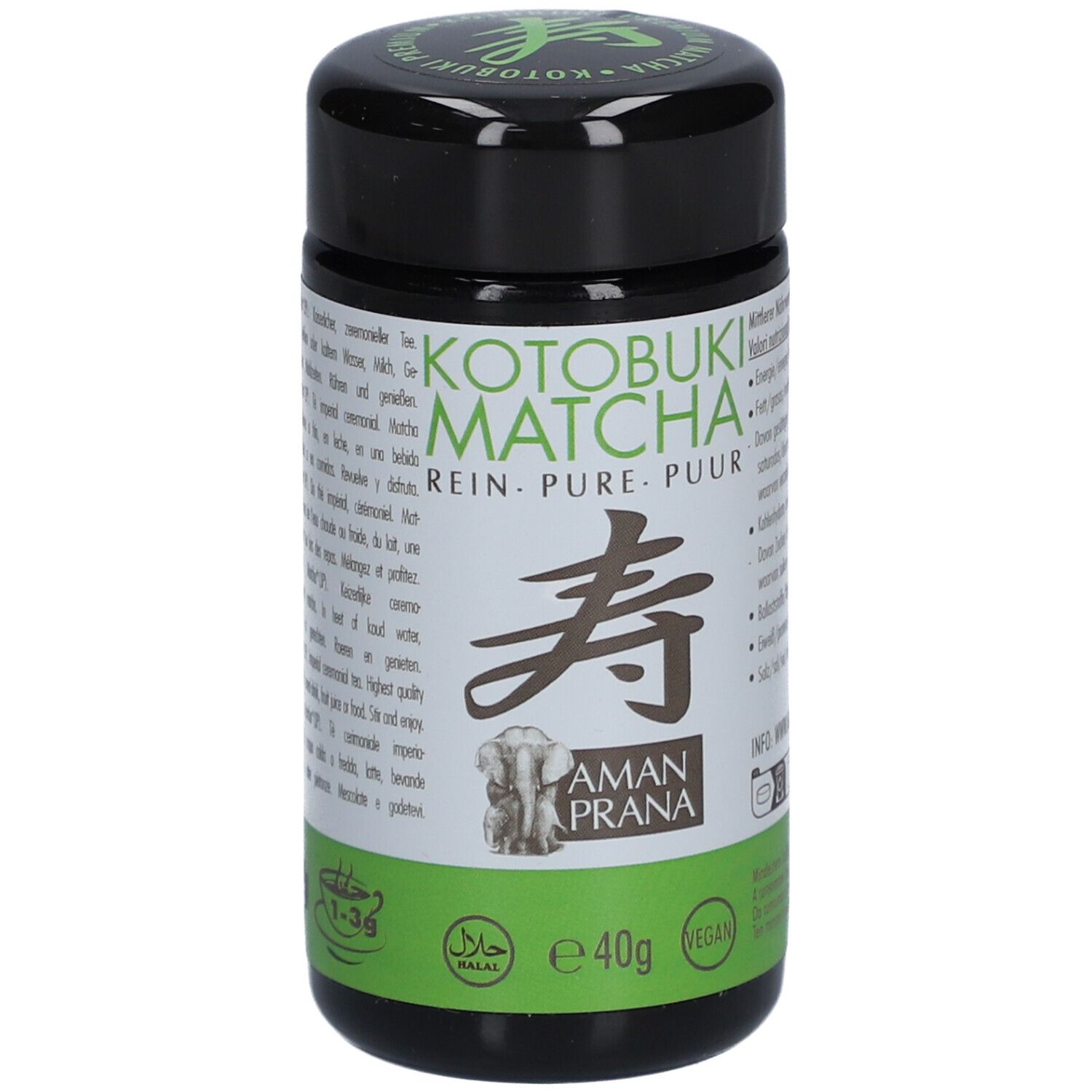 Boîte noire avec étiquette verte. Inscription : Kotobuki Matcha Rein. Logo : Amanprana. Labels vegan et halal. Contenu : 40g.