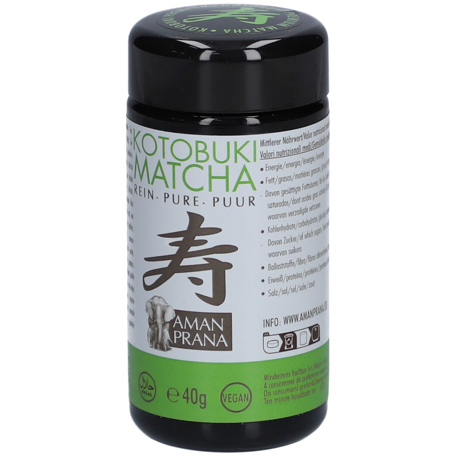 Boîte noire avec étiquette verte. Inscription : Kotobuki Matcha Rein. Logo : Amanprana. Labels vegan et halal. Contenu : 40g.