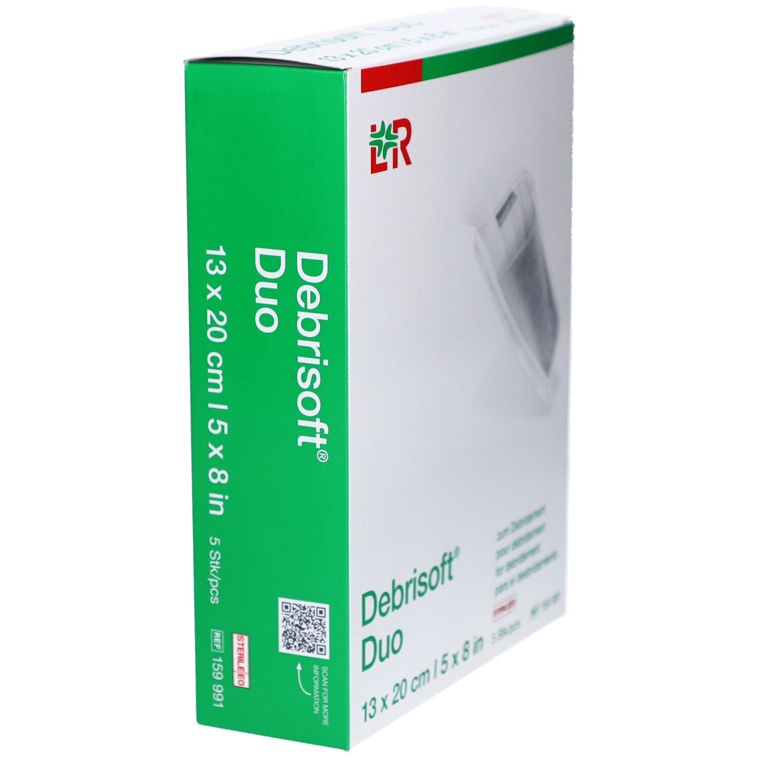 Vue latérale de l'emballage Debrisoft Duo. Boîte verte et blanche avec nom et taille du produit.