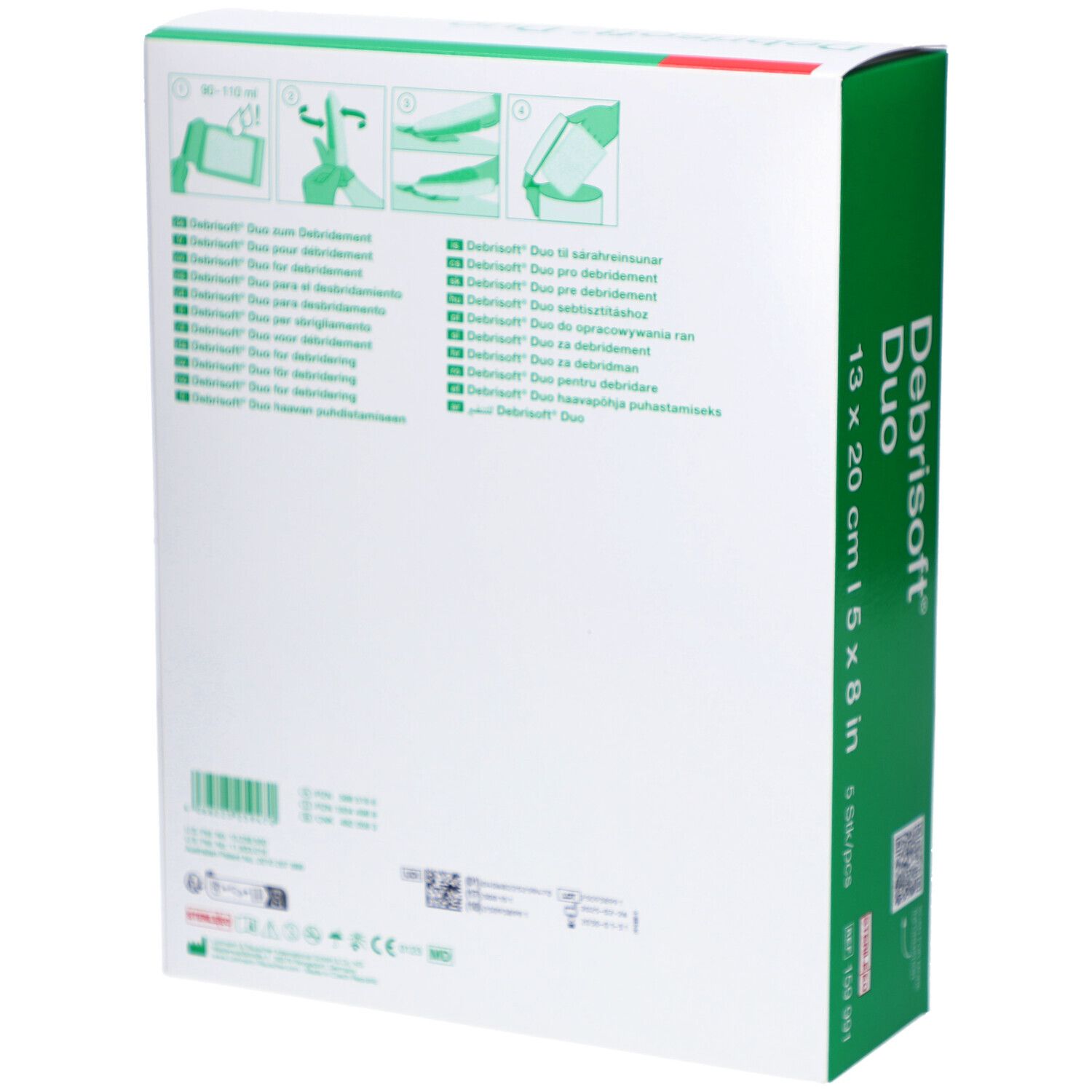 Dos de l'emballage Debrisoft Duo. Informations produit multilingues et pictogrammes.