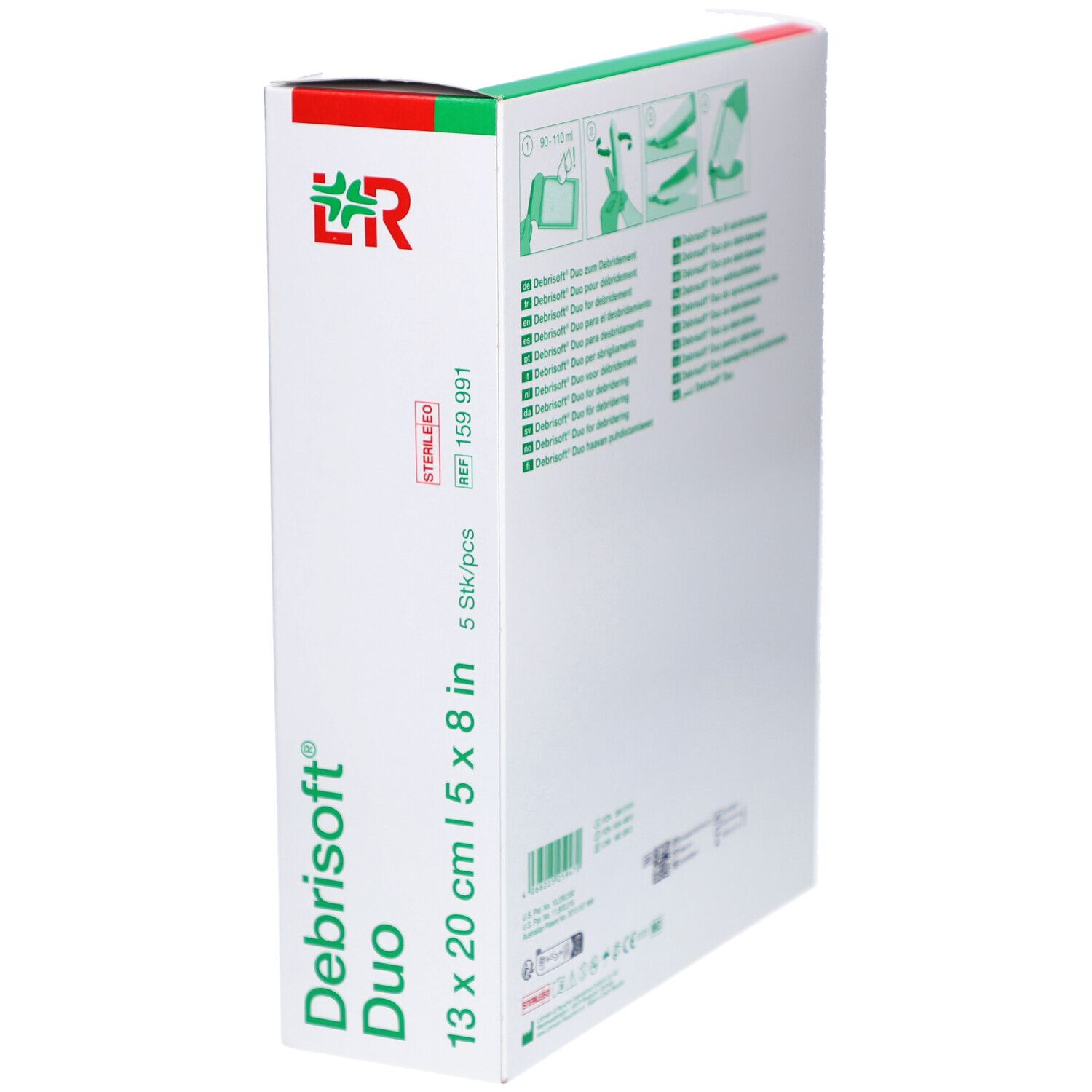 Vue latérale de l'emballage Debrisoft Duo. Boîte verte et blanche avec nom et taille du produit.