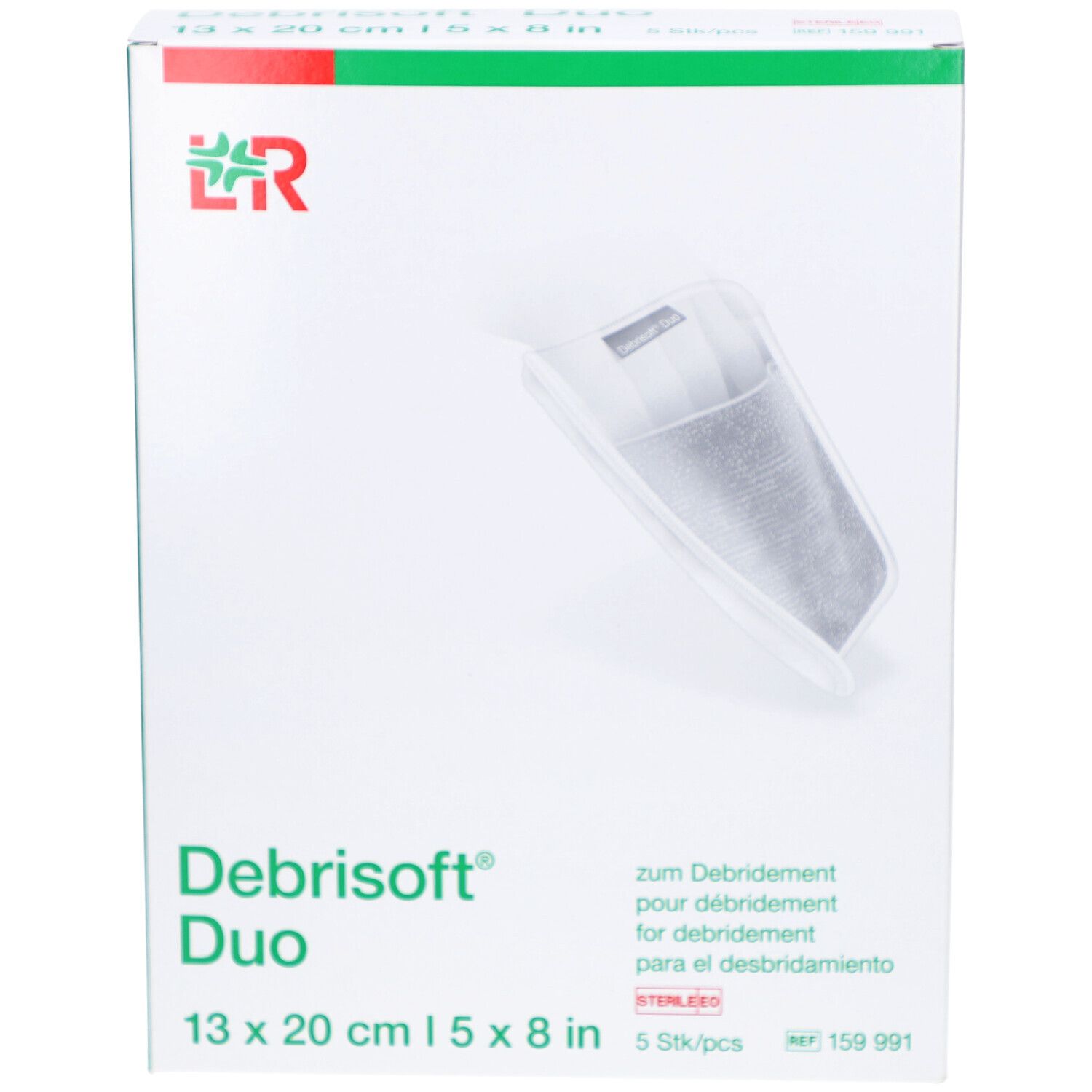 Emballage Debrisoft Duo 13x20 cm. Contient 5 pièces. Emballage stérile avec image du produit.